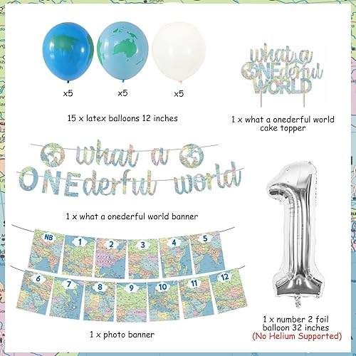 Miniatura 6 de Decoraciones de primer cumpleaños para niño con texto en inglés «What a Onederful World», decoraciones de viaje alrededor del mundo, suministros de