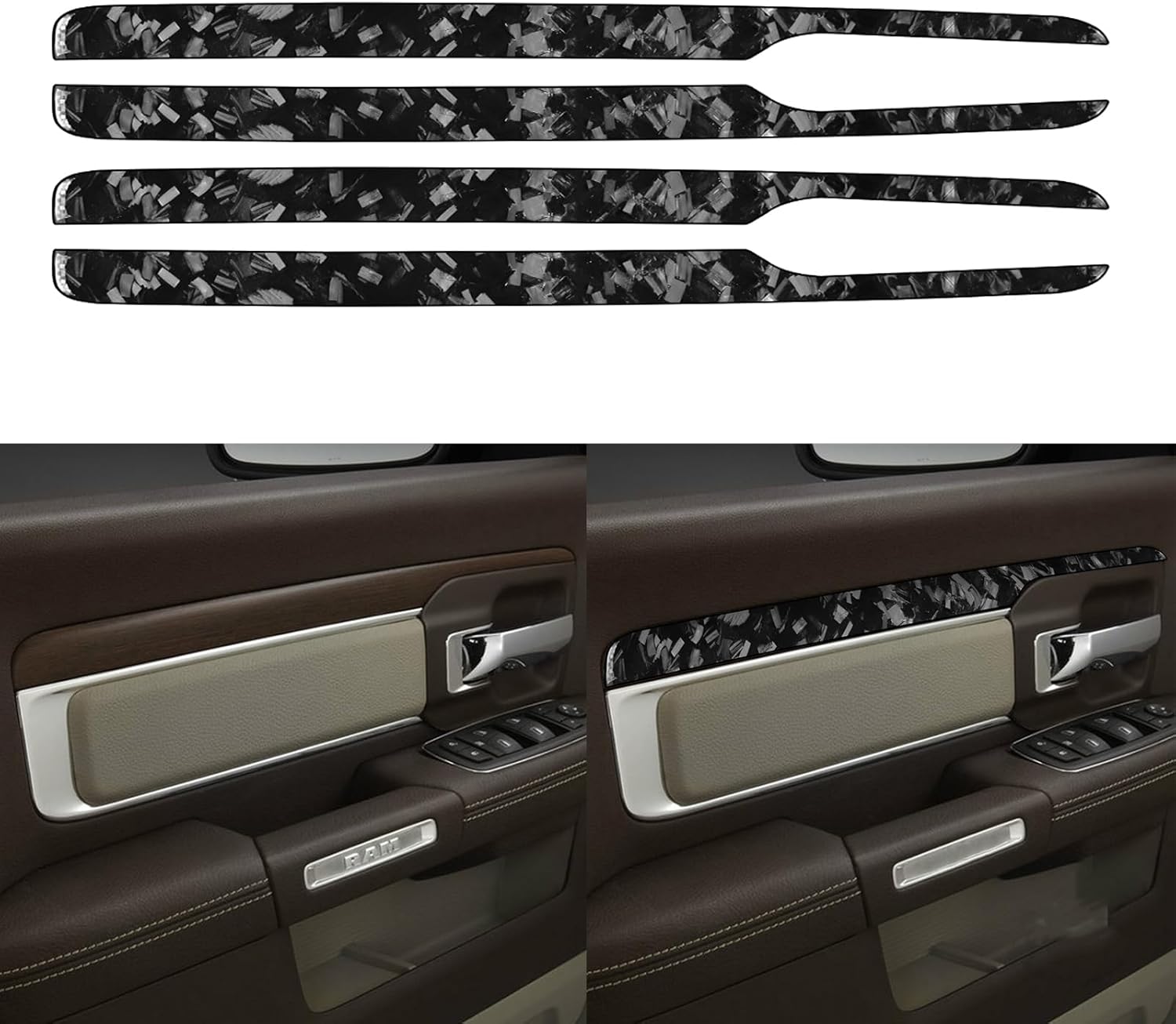 Glossy Black Forged Carbon Fiber Car Inner Door Panel Decorative Strip Trim Sticker Auto Interior Accessories Compatible with Dodge Ram 1500/2500/3500 2013-2018(Not Fits Tradesman/Express Model)