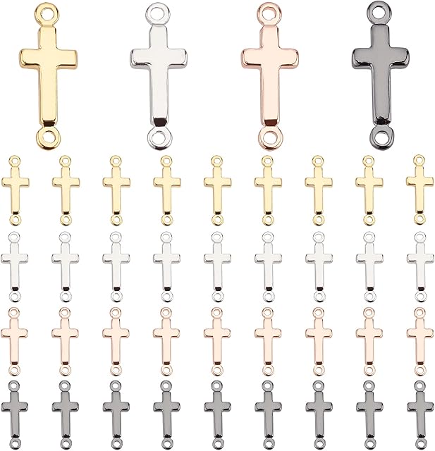 PandaHall 40pcs Cross Pendant Links 4 Colors 18K Gold Plated Cross Charms Double Loop Cross Links Brass Center Pendants for Prayer Necklace Jewellery Making Party Favor
