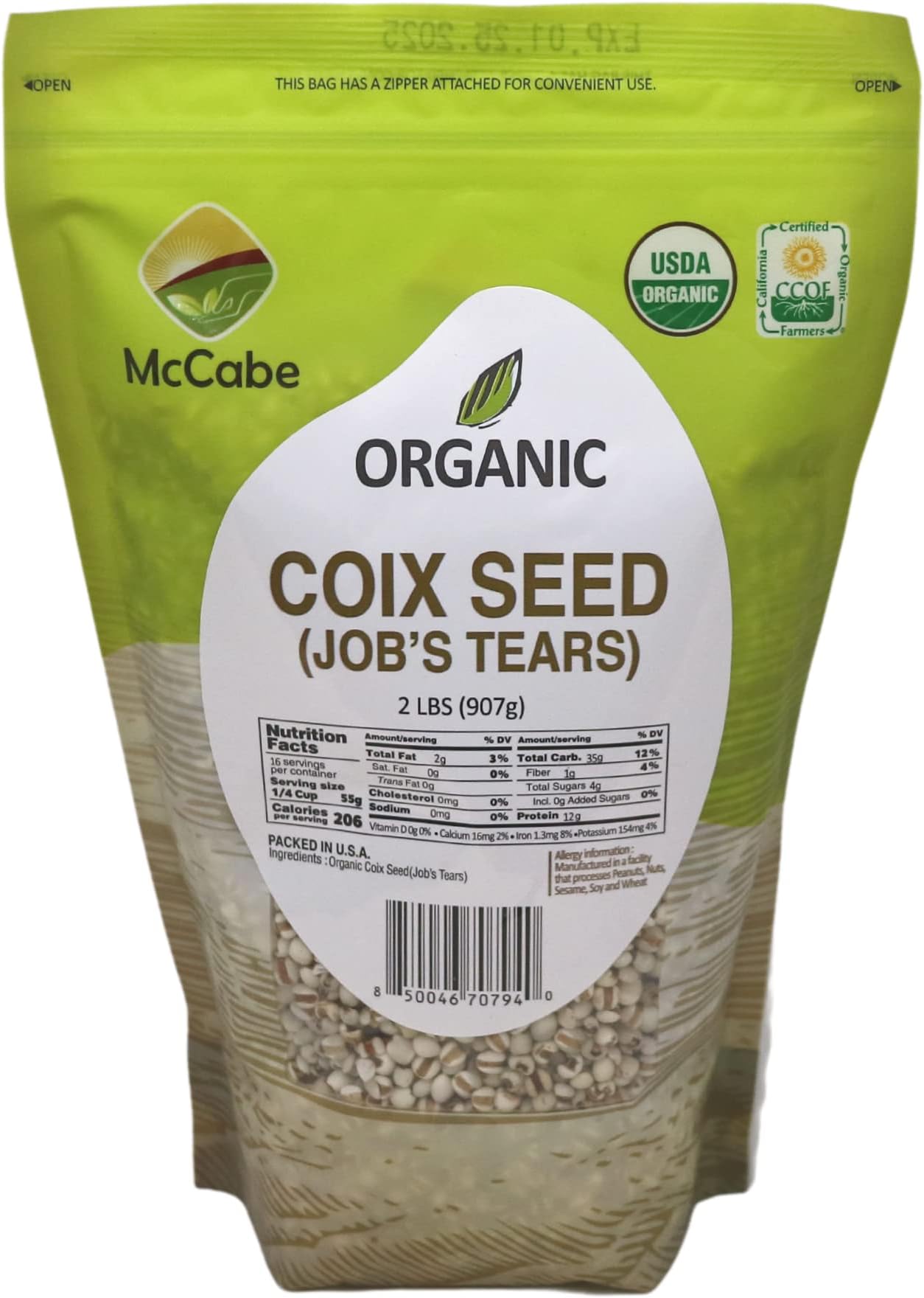 McCabe Organic Coix Seed - Job's Tears 2 Lbs| High Protein and Fiber | USDA and CCOF Certified | Packed in USA