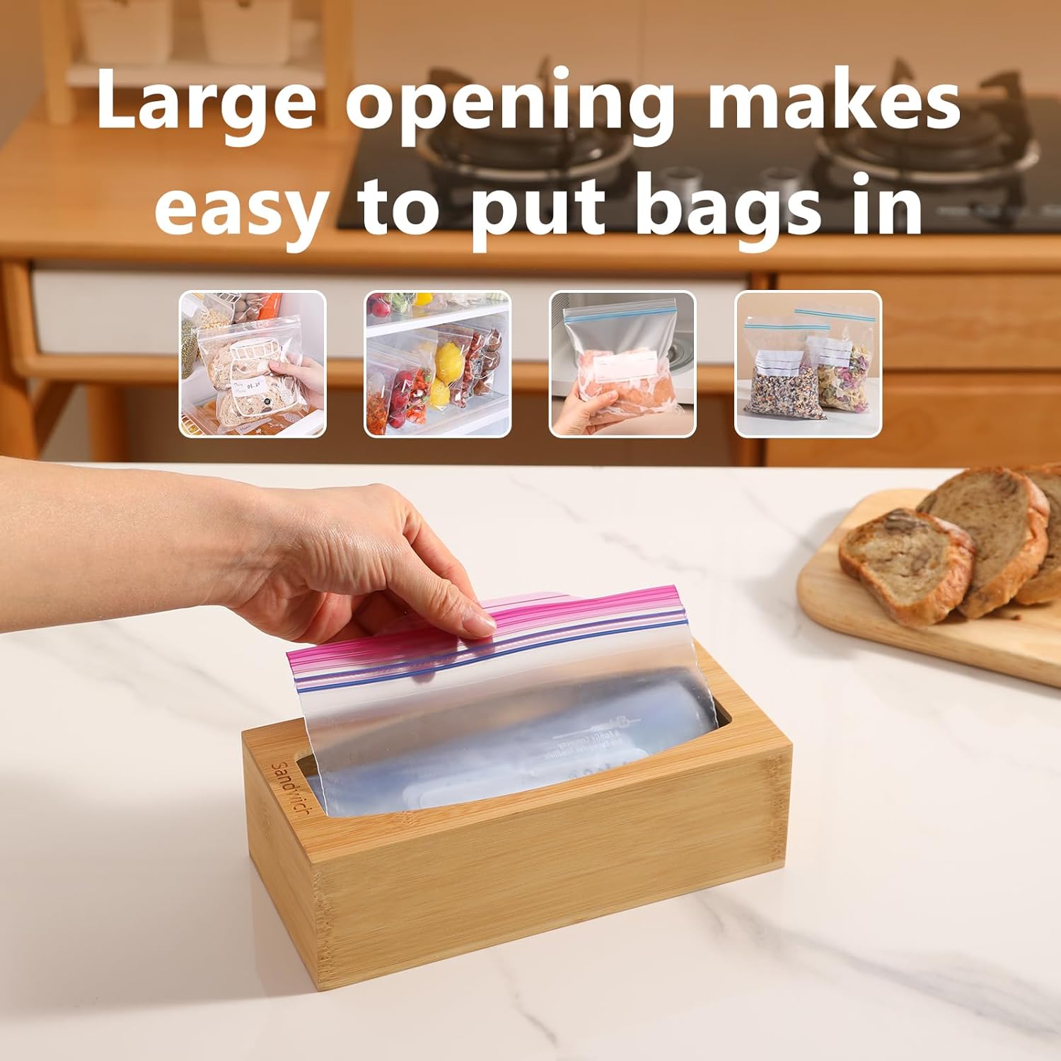 Bamboo Plastic Bag Storage Organizer for Kitchen Drawer, 4 Separate Baggie Organizer, Suitable for Gallon, Quart, Sandwich & Snack Variety Size Bag - Image 3