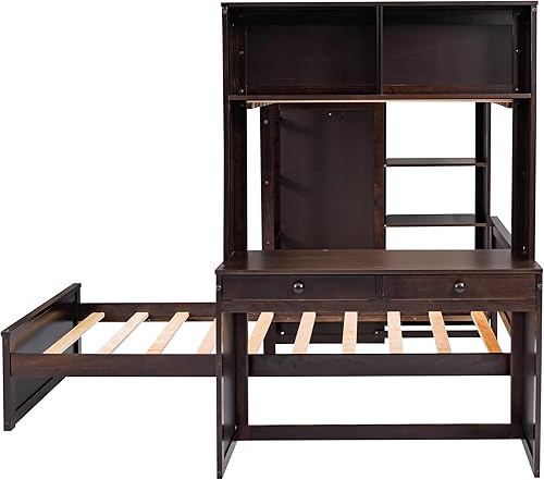 Miniatura 212 de Cama alta funcional tamaño individual con 2 cajones y 2 armarios, base de cama de madera maciza con barandilla de seguridad y escalera de