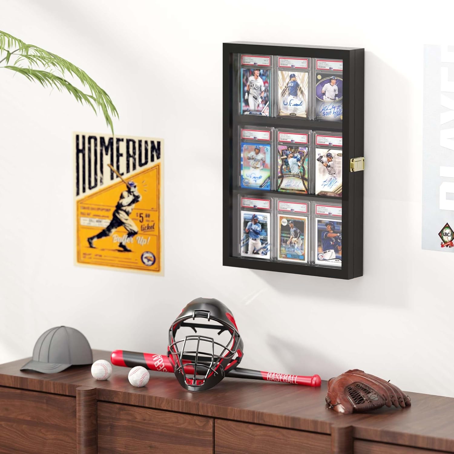 Graded Sports Card Display Case, Baseball Card Display Frame, Holds Sport Cards with Crystal Clear View Lockable Wall Cabinet for Football Basketball Hockey Trading Card, Black Finish Frame