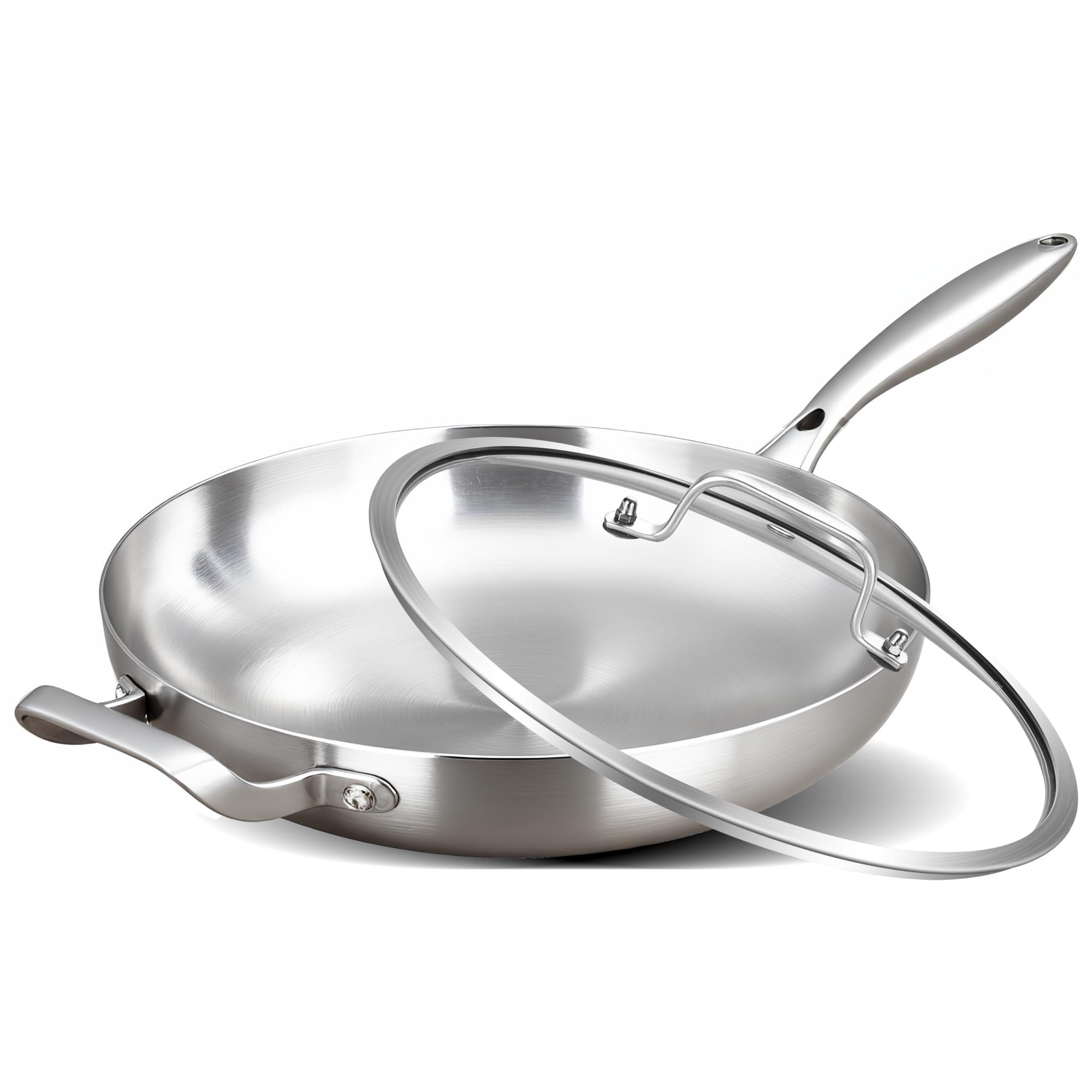 Inqibee 30 CM Tri-Ply Stainless Steel Frying Pan with Lid,Induction Cooking Pan,Ergonomic Detachable Helper Handle,Even Heating and Oven Safe