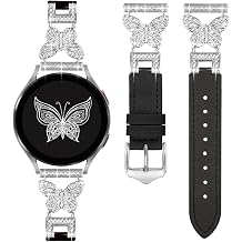 20mm Women Leather Band for Samsung Galaxy Watch 7/6/5/4 40mm 44mm | Fits All 20mm Watches,Bling Butterfly Buckle,Soft Leather,Adjustable,Dressy for Daily Work and Party