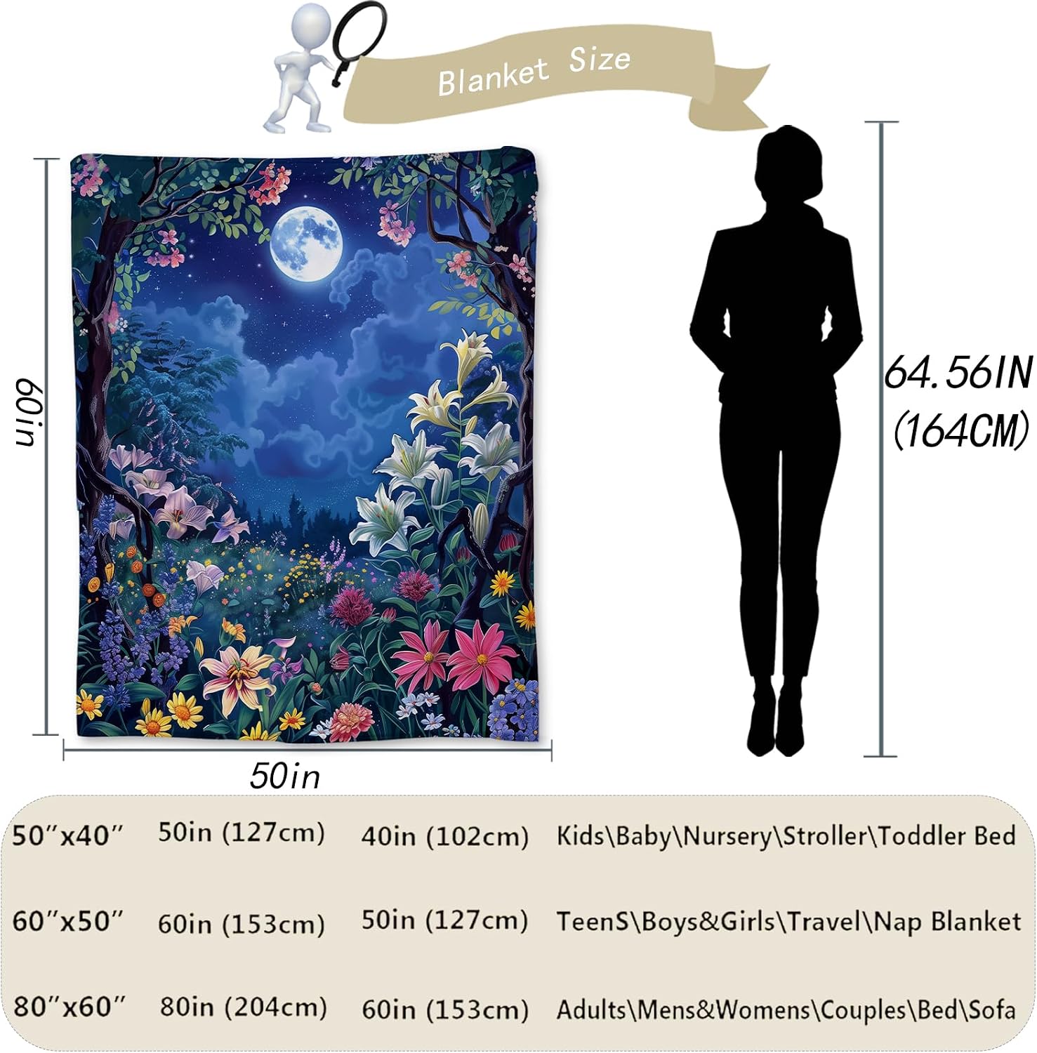 Beautiful Floral Blanket Soft Lightweight Cozy Garden & Moon Flannel for Adults Kids Women Girls Fuzzy Warm Throw Blankets for Bed Couch Living Room Office Travel Home Decor 60×50 in