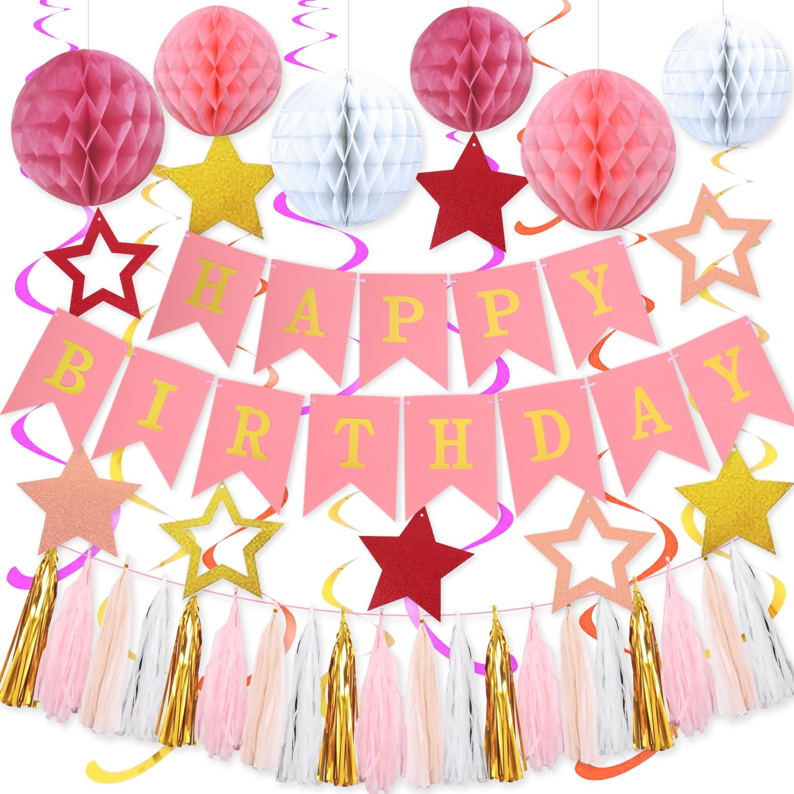 Pink Birthday Decorations, Happy Birthday Decorations with Banner, Honeycomb Balls, Stars Hanging Swirls, Paper Tassel Garland