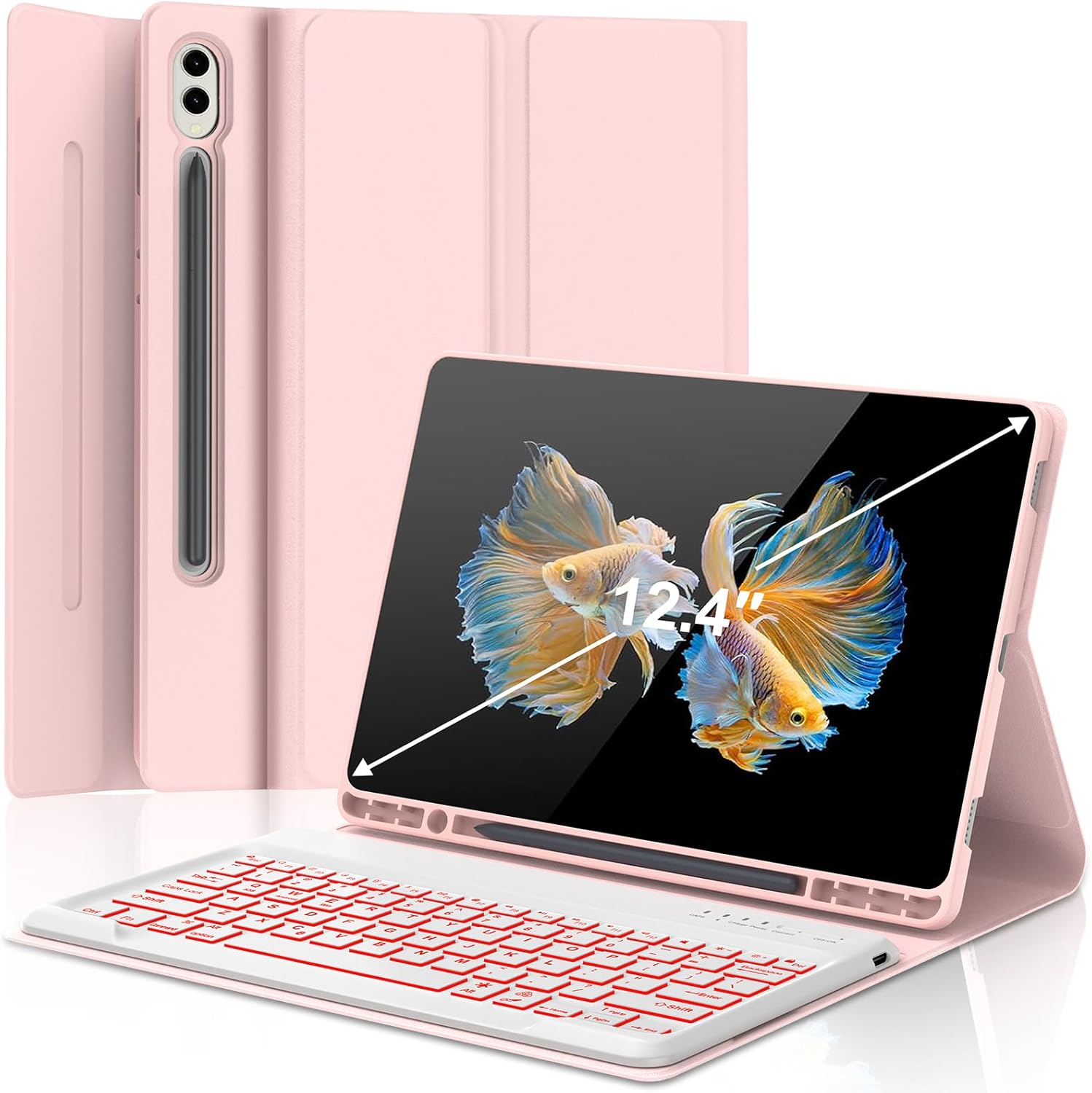 KVAGO Samsung Galaxy Tab S9+/S9 FE+ /S10 Plus 12.4 inch Keyboard Case,7 Color Backlit,Magnetic Detachable Wireless Bluetooth,Tab S9 FE Plus / S9 Plus 12.4" Keyboard Cover with S Pen Holder,Pink