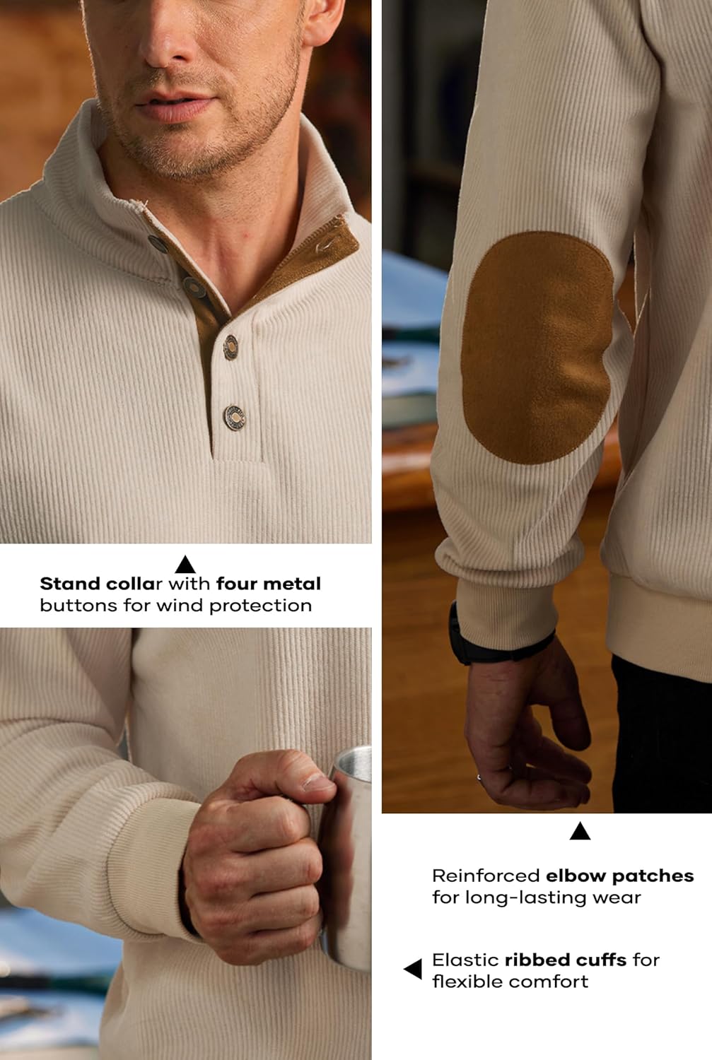 Mens Corduroy Fleece-Lined Sweatshirts Winter Heavyweight Casual Fashion Button Pullover (S-3XL) - Image 6