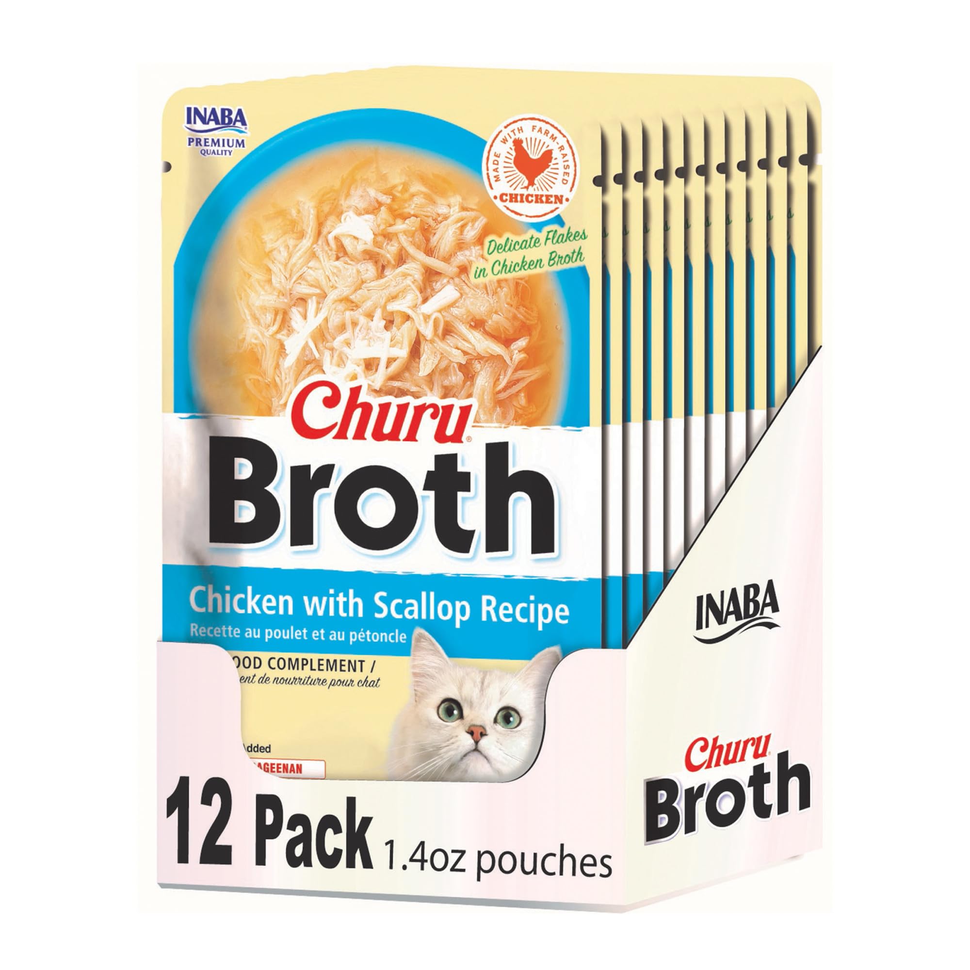 INABA Churu Broth for Cats, Side Dish Pouch, 1.4 Ounces per Pouch, 12 Pouches, Chicken with Scallop Recipe