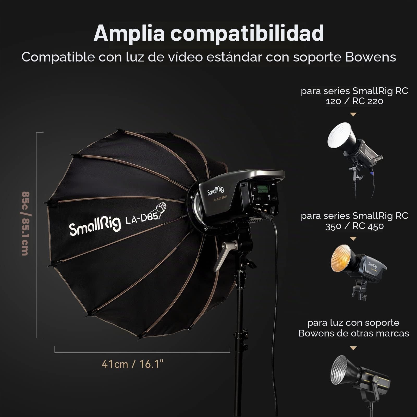 SMALLRIG Softbox parabólico LA-D85 Softbox de liberación rápida de 85cm para Luces Bowens Mount COB - 4158