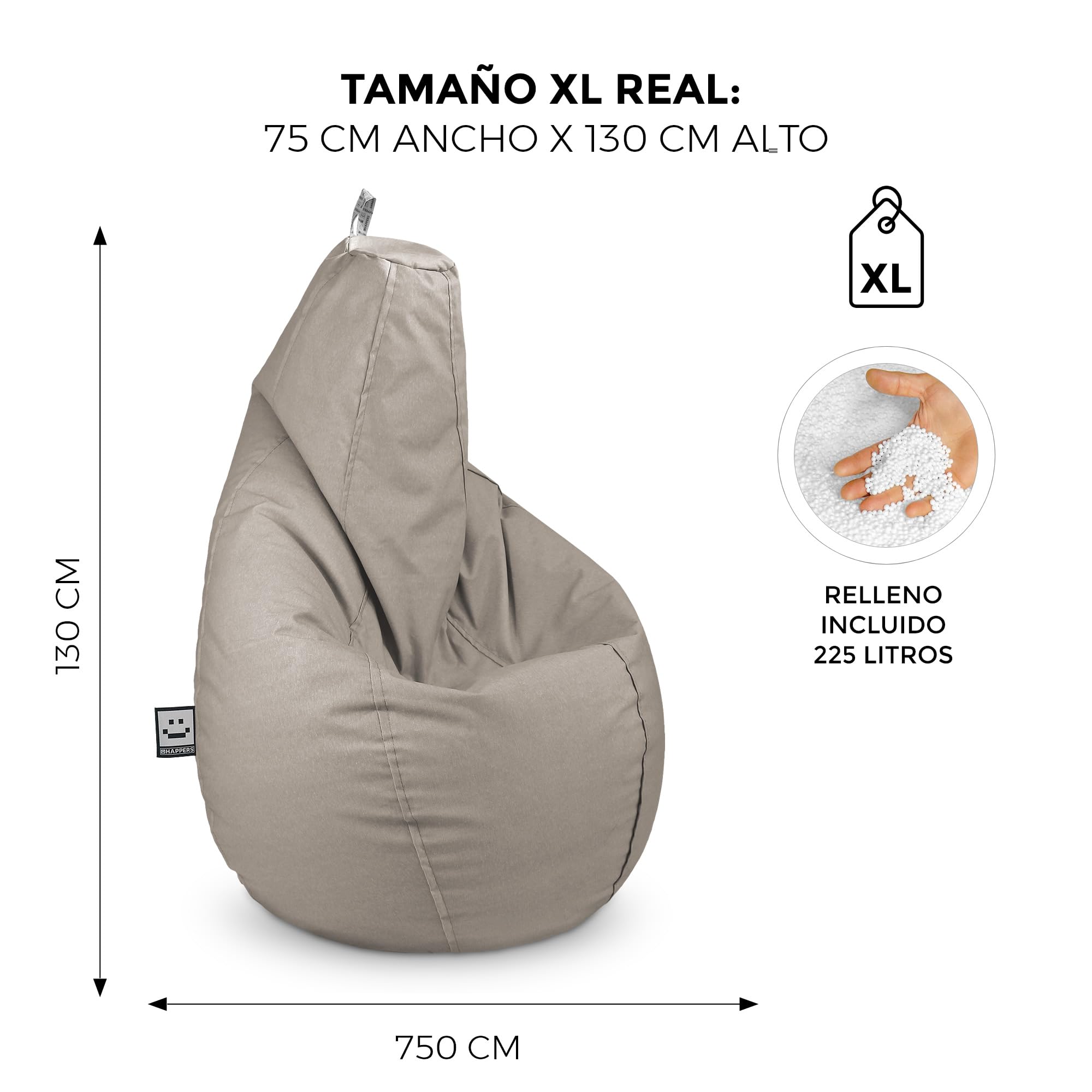 HAPPERS Puff Pera Naylim Mate con Relleno Incluido para Exterior e Interior Transpirable y Resistente | Asiento Relax Ergonómico para Terraza, Jardín y Salón | Talla XL Piedra