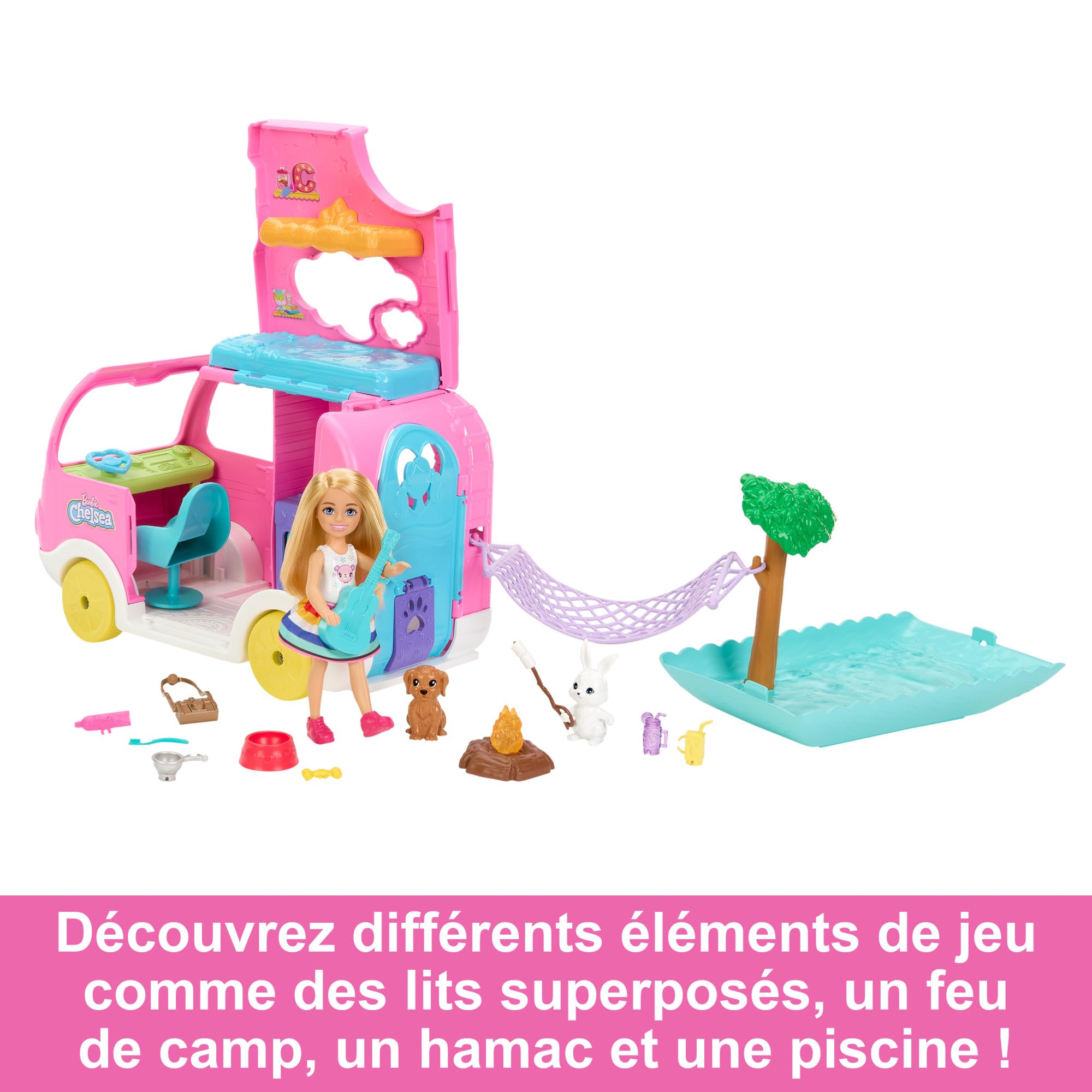 Barbie Coffret 2-en-1 Camping Car, Poupée Mannequin Chelsea avec Véhicule Transformable en Campement, Comprend 2 Animaux Et 15 Accessoires Thématiques, Jouet pour Enfant de 3 Ans et Plus, HNH90