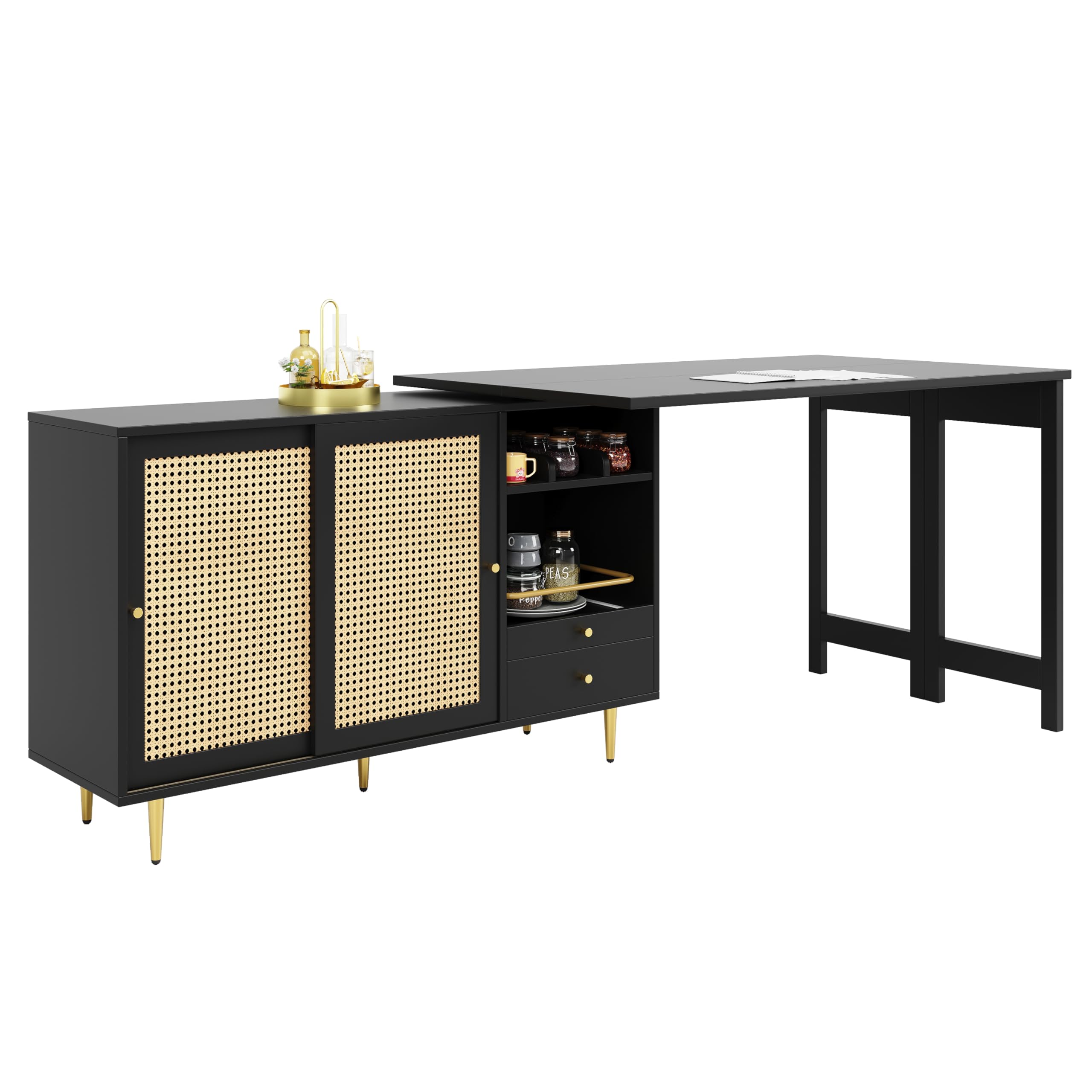 Moimhear Barra giratoria de 360° (cuerpo principal: 107 x 40 x 71,4 cm), barra de diseño retráctil, armario de almacenamiento con puerta de ratán + estante de almacenamiento abierto, adecuado para