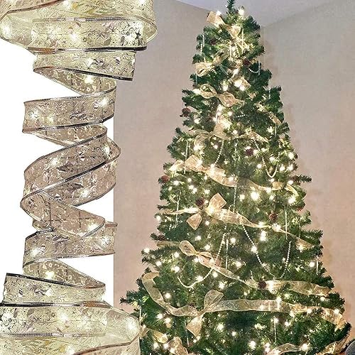 Miniatura 4 de Luces de cinta para decoración de árbol de Navidad, 32 pies, 100 luces LED, borde plateado, cinta con cable para árbol de Navidad, boda, fiesta de