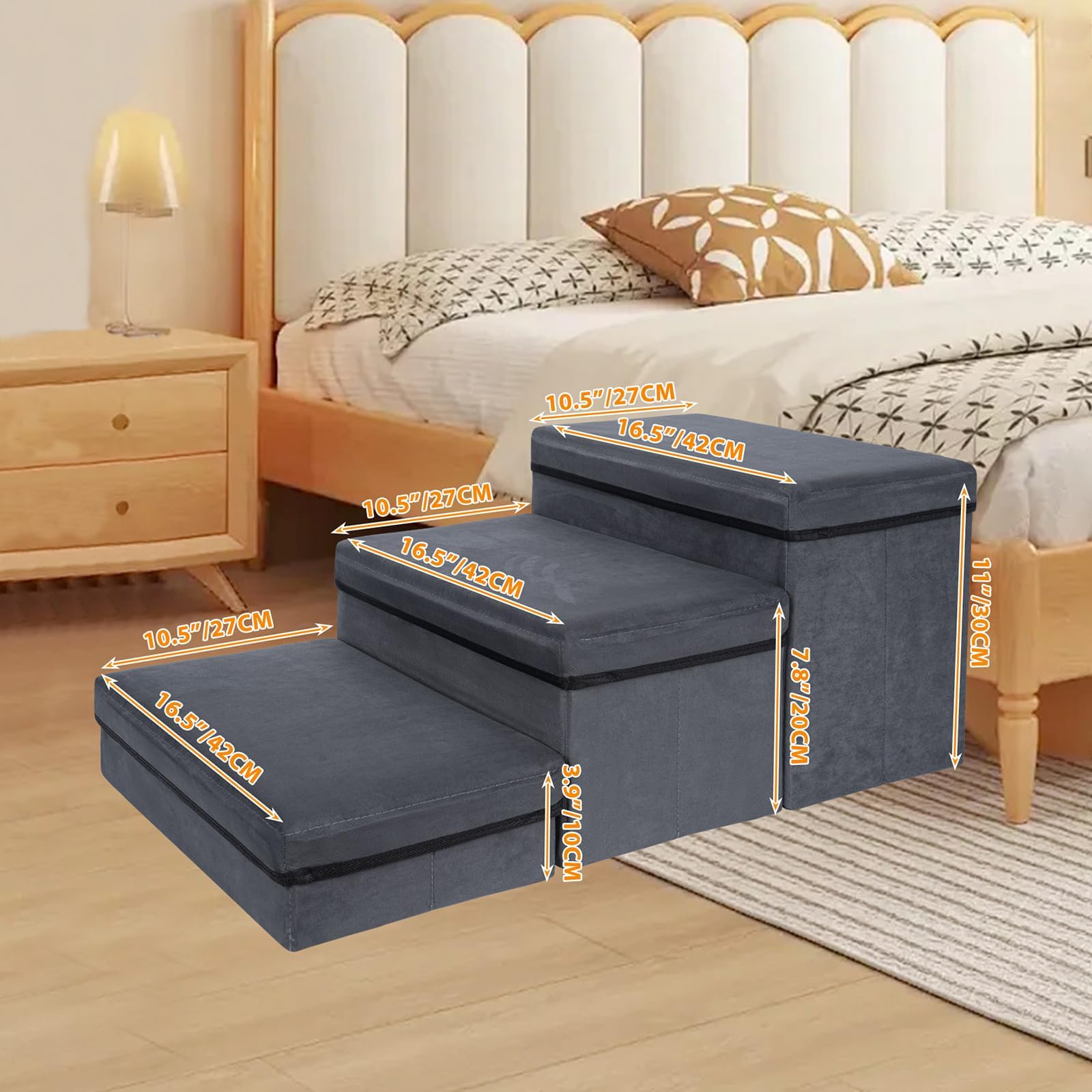 Scala Pieghevole Per Cani Piccoli - 3 Gradini Con Vano Portaoggetti, Grigio, Portata 30kg - Foto 4