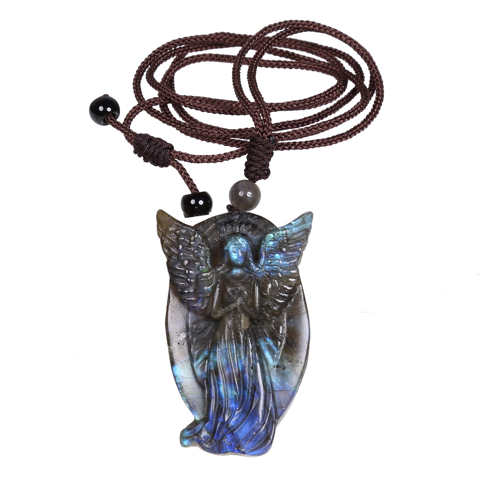 TUMBEELLUWA Collana con ciondolo in labradorite naturale, unisex, realizzata a mano, amuleto, con cordino regolabile, pietra di cristallo di labradorite, pietra di cristallo labradorite