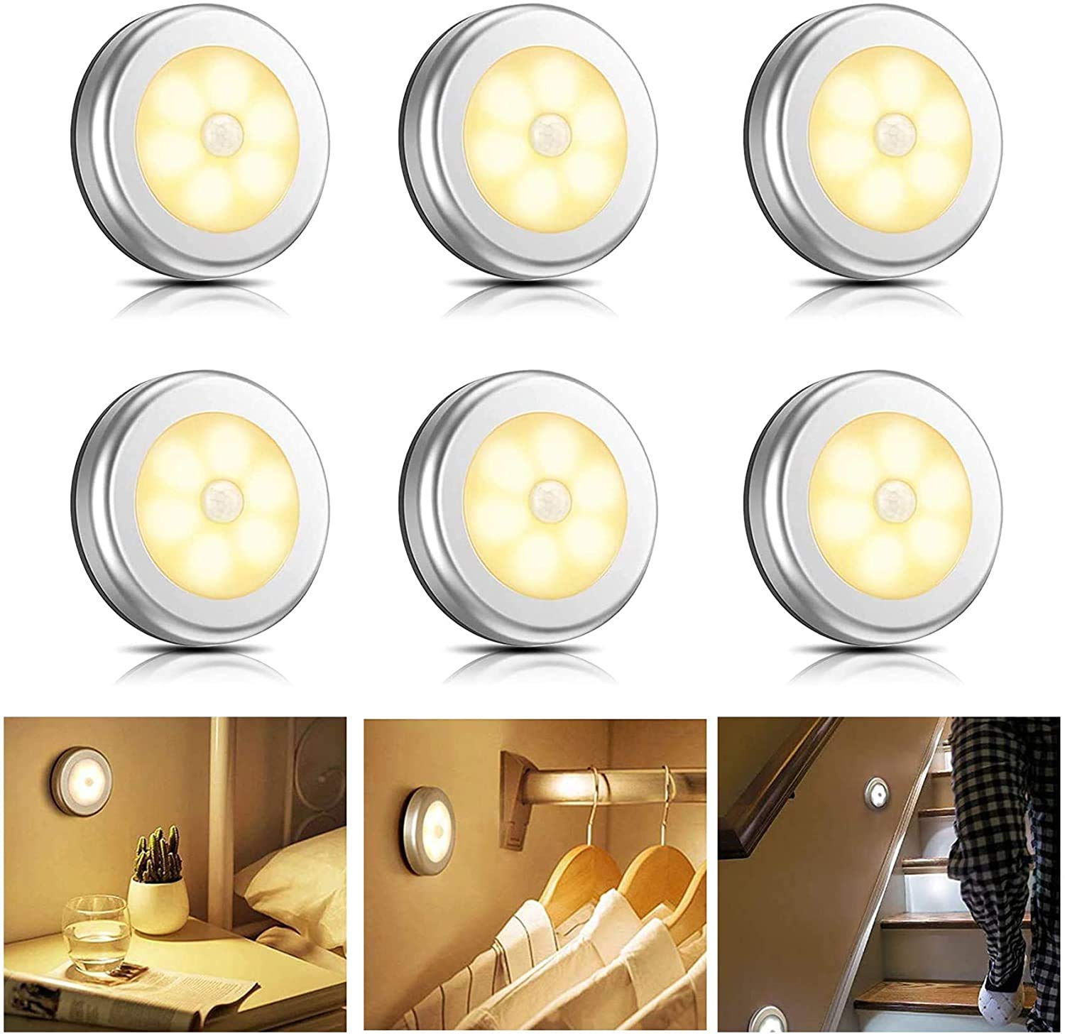 Eocean Motion Sensor Light Indoor, LED Closet Light without Wiring,Battery Operated Lights, Motion Light Perfect for Staircase, Hallway, Bedroom, Kitchen, Cabinet, Night Lights (Pack of 6,Silver Body)