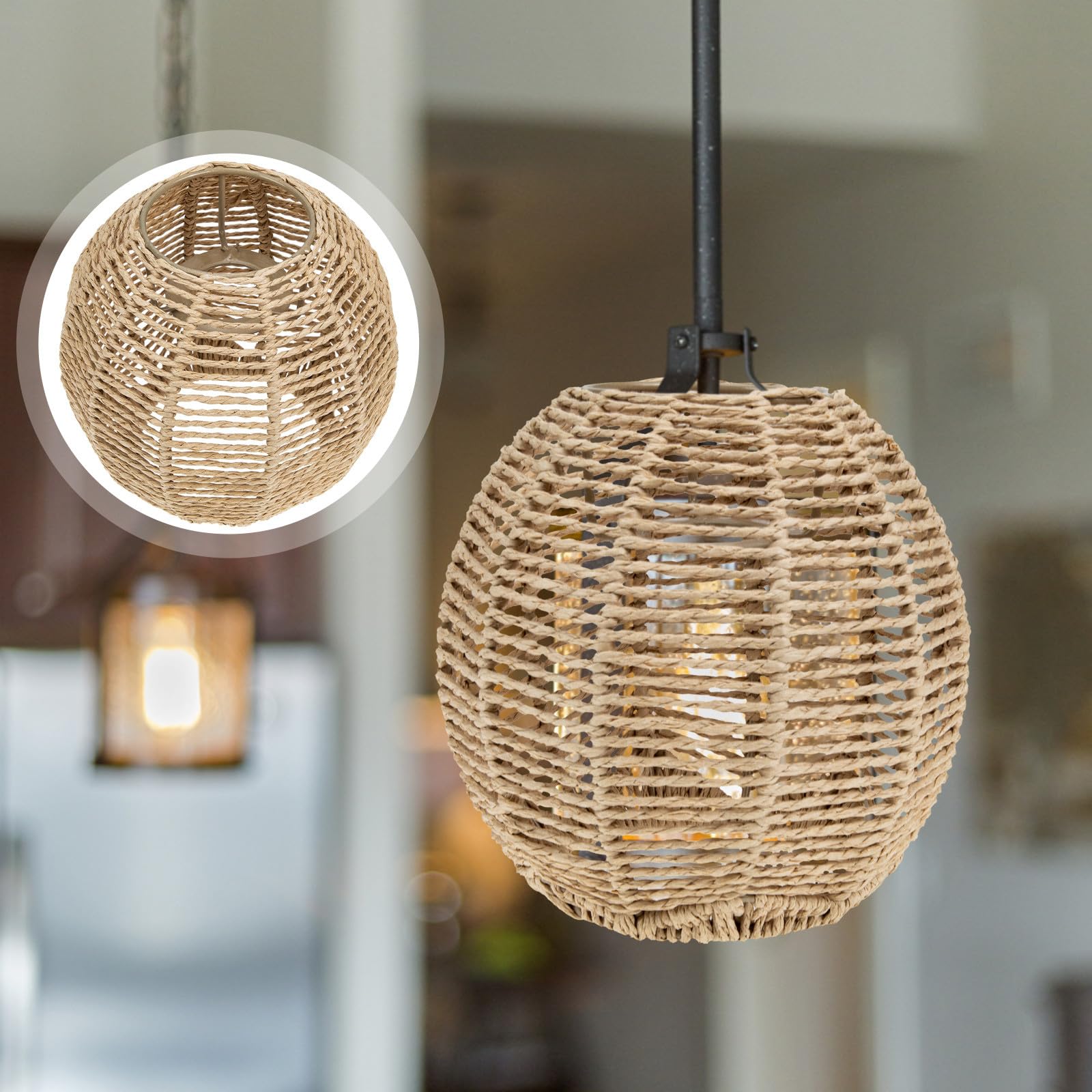 2pezzi Paralume Rattan Intrecciato per Lampada a Sospensione, Coprilampada in Corda Imitazione, Stile Rustico Farmhouse, per Casa e Bar, Attacco E27