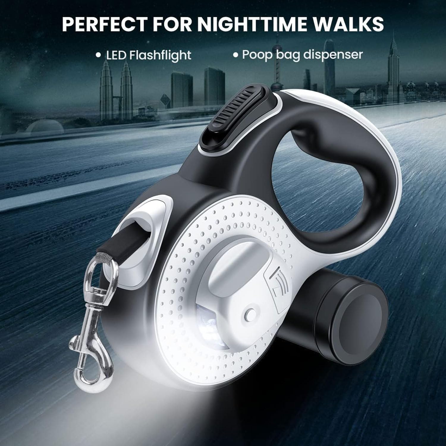 Best Dog Supplies Laisse rétractable 4 en 1 anti-traction pour chien 8 m avec lampe de poche et distributeur de sacs à déjections canines pour chiens de taille moyenne et grande – Blanc