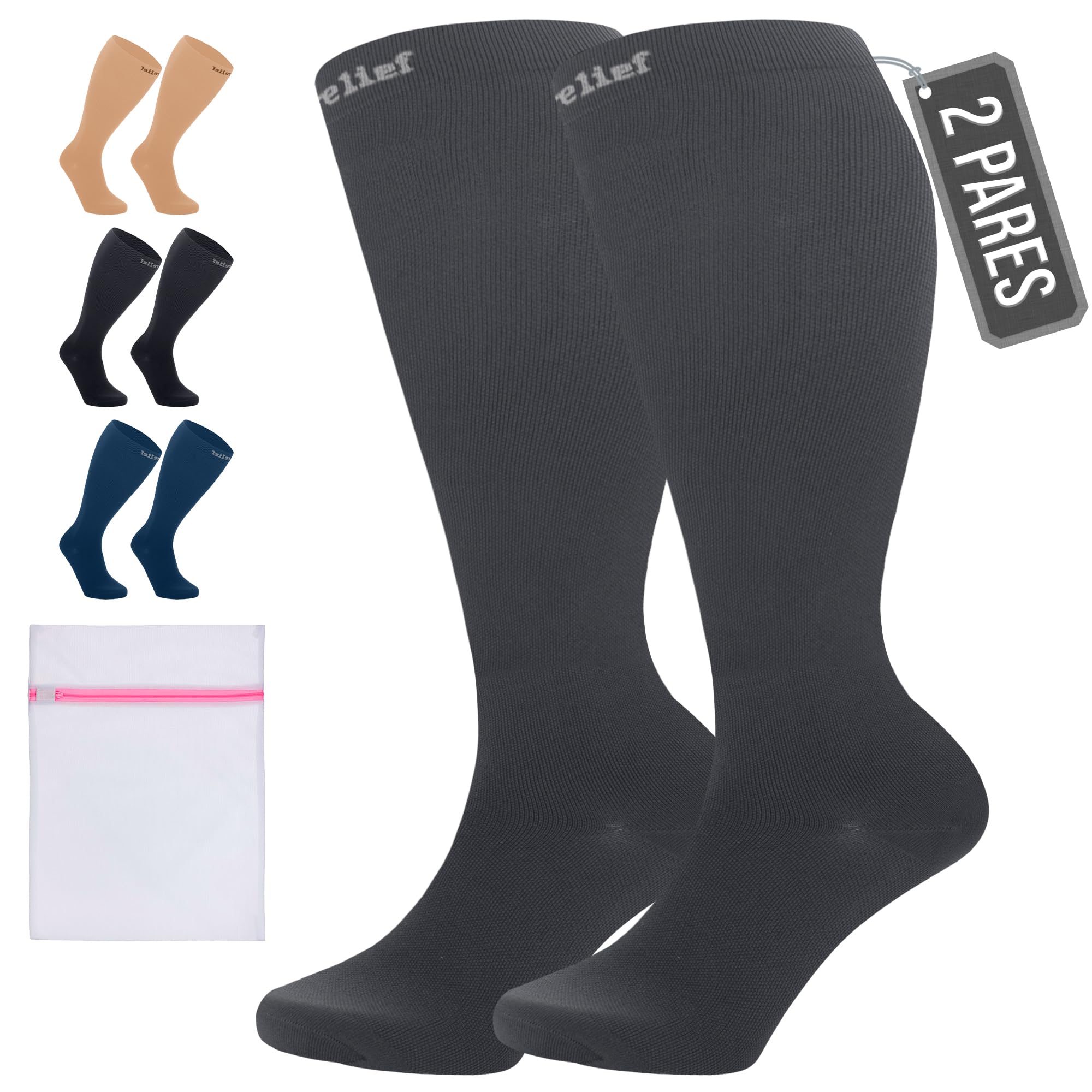 360 Relief Medias de Compresión Mujer y Hombre - 1 Par Calcetines de Compresión para Deportes, Correr, Volar, Viaje, Trabajo, Footing - S/M Beis con Bolsa de Malla — view 19