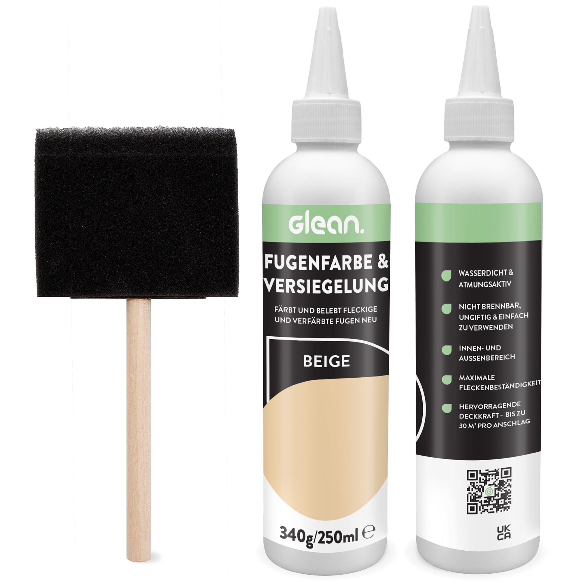 GLEAN Fugenfarbe & Versiegelung Beige | 340g | Erneuert & schützt Fliesenfugen | Mit Schaumstoffpinsel | Atmungsaktiv & fleckenresistent | Für Bad, Dusche & Küche