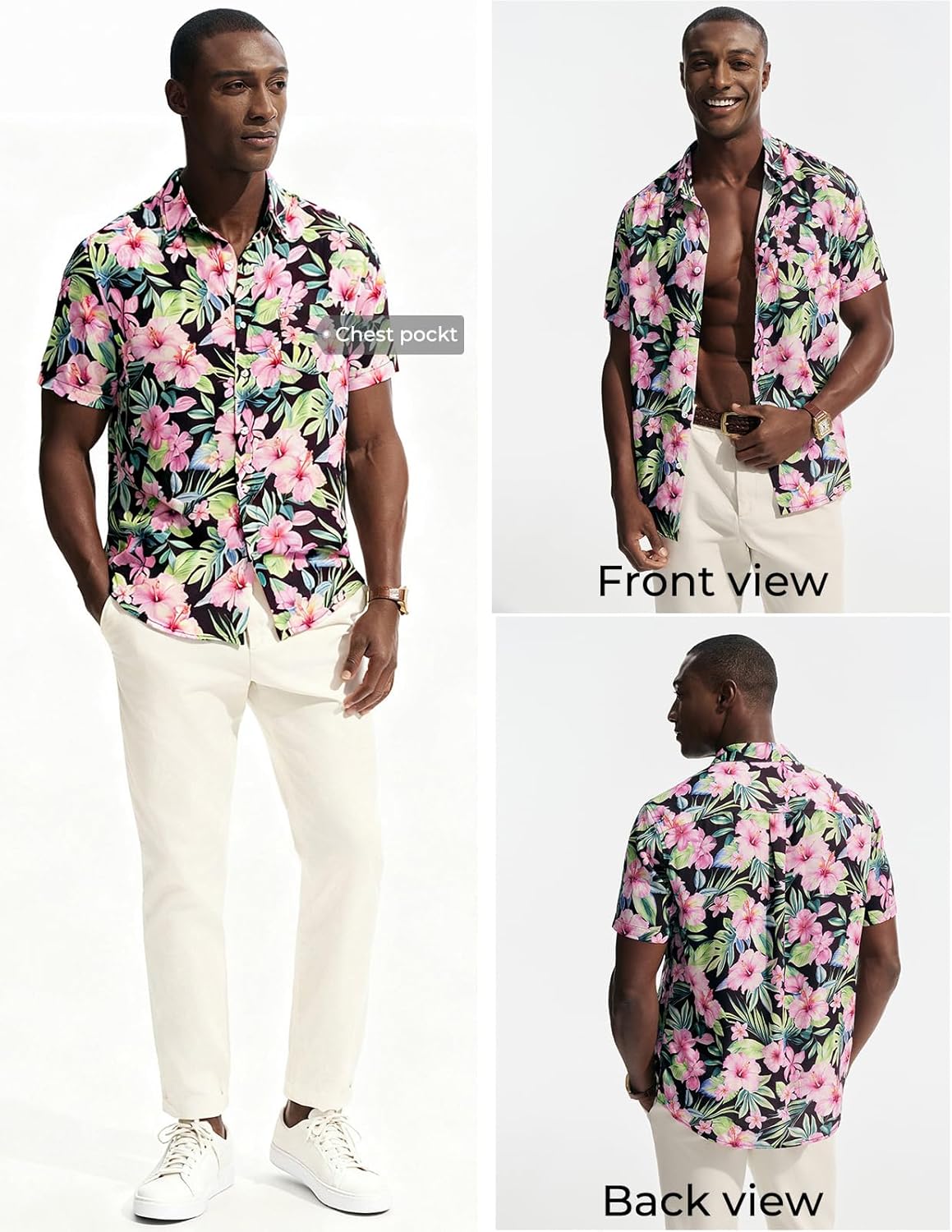 PJ PAUL JONES Mens Hawaiian Shirt Short Sleeve Button Down Shirts Casual Tropical Floral Summer Beach Vacation Shirts - Image 3