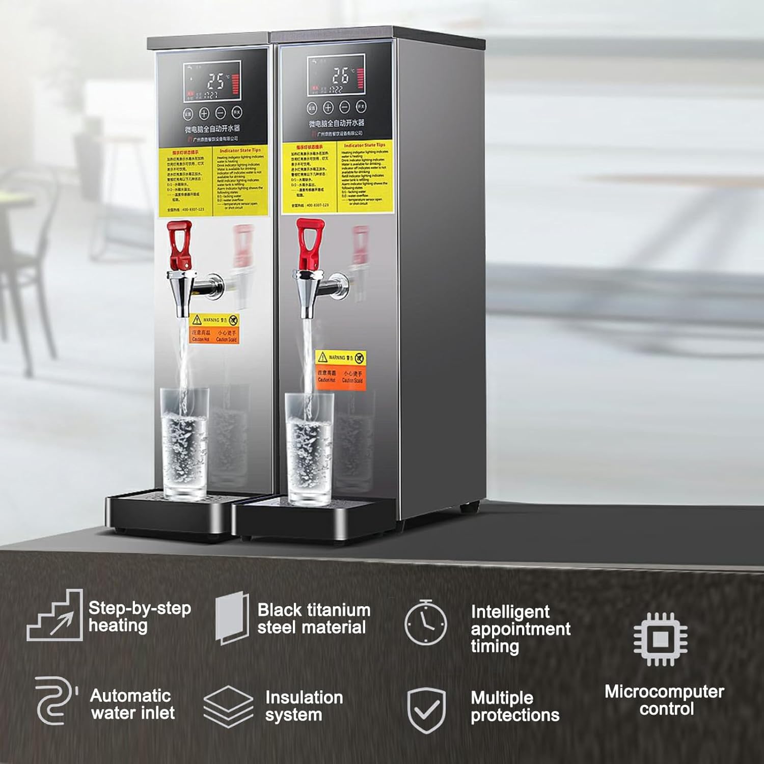 Bollitore Commerciale da 40 Litri, Distributore di Acqua per caffè con Pannello di Controllo Digitale, Programmazione degli Appuntamenti 24 Ore su 24 E Regolazione della Temperatura da 40 a 100 °C