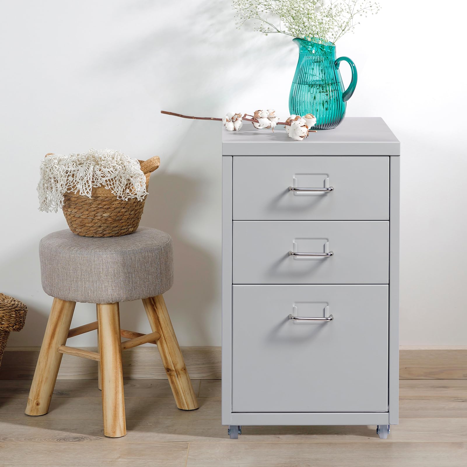 HollyHOME Armoire de classement mobile à 3 tiroirs, armoire de classement, organisateur de classement sous bureau avec roulettes, armoire de rangement en métal à roulettes pour la maison et le bureau