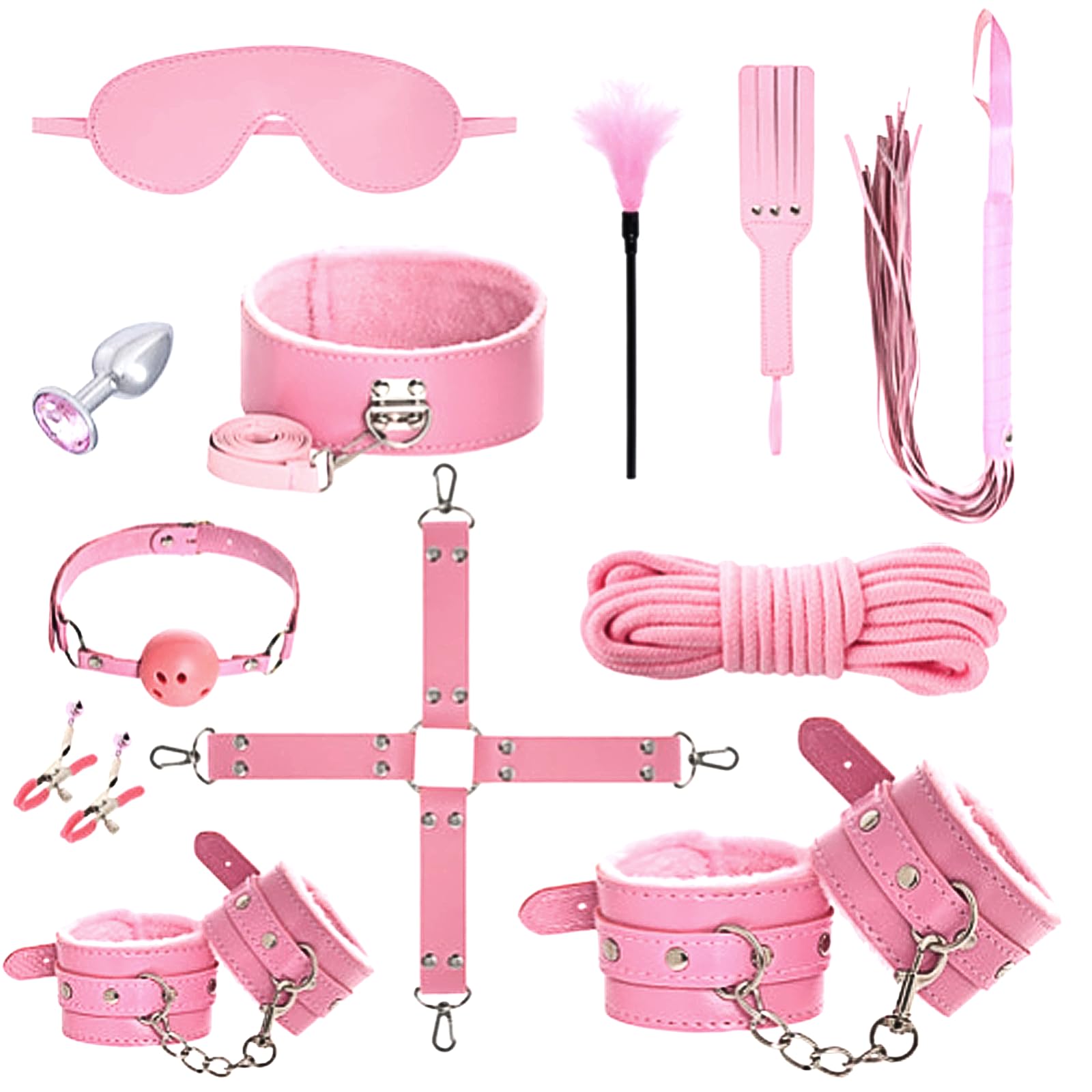 12er BDSM Bondage Set Fesselset Erotik SM Sex Spielzeug Zugband Handschellen Knöchelmanschetten Analplug Nippelklemmen Ballknebel Federkitzler Augenmaske Peitsche Paddel Baumwollseil (rosa)
