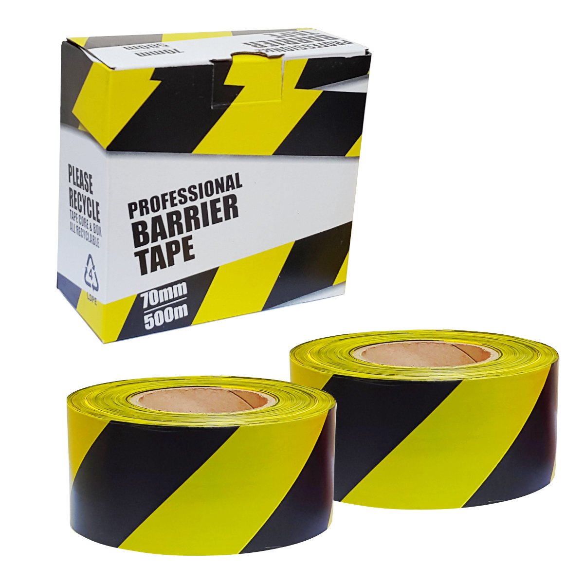 2 x Professional Barrier Hazard Safety Warning Tape - Yellow & Black, 70mm x 500m