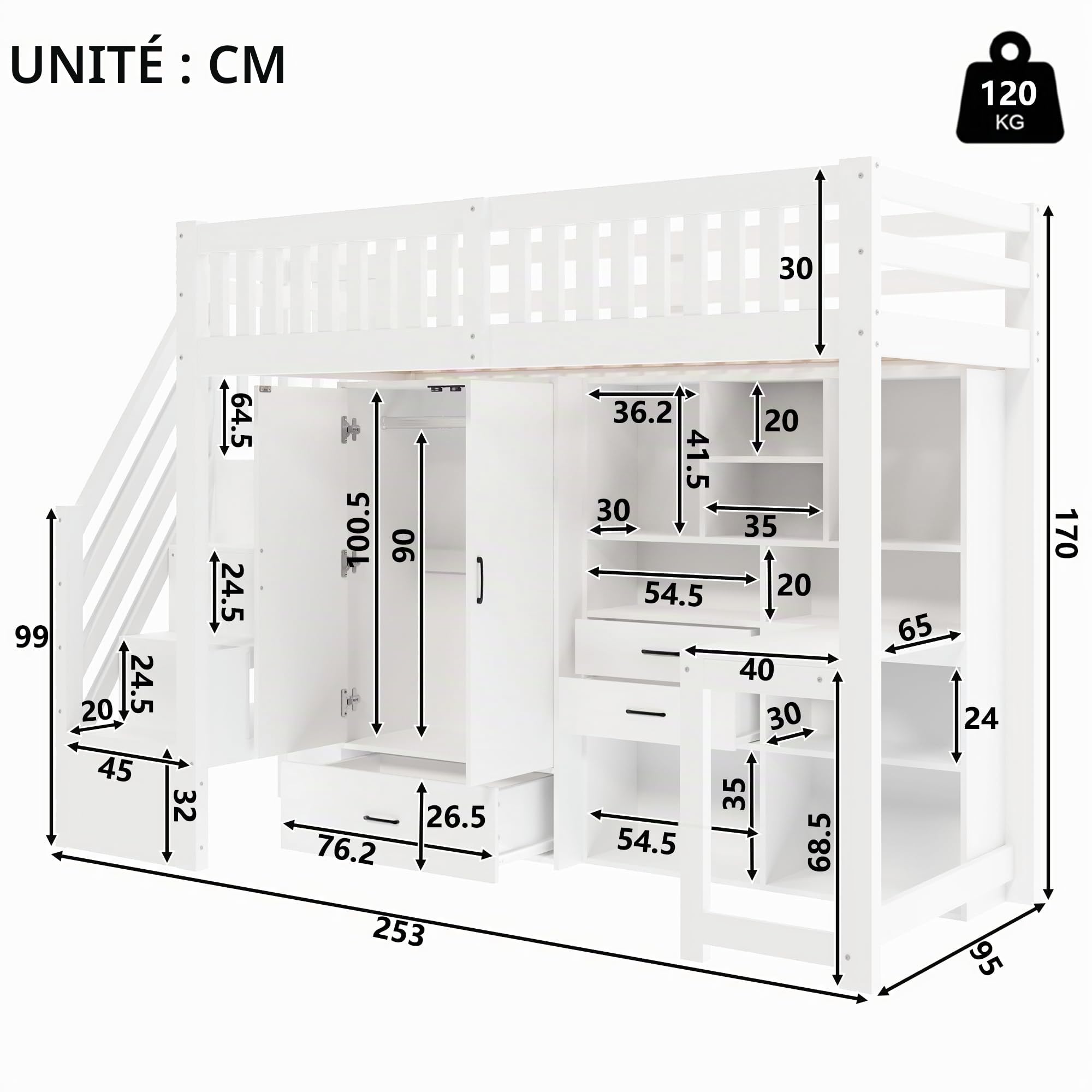 Lit mezzanine 90x200 cm, Lit enfant, avec armoire, bureau et compartiment de rangement, Lit simple en bois avec échelle de rangement, convient aux chambres d'enfants, Blanc (matelas non inclus)