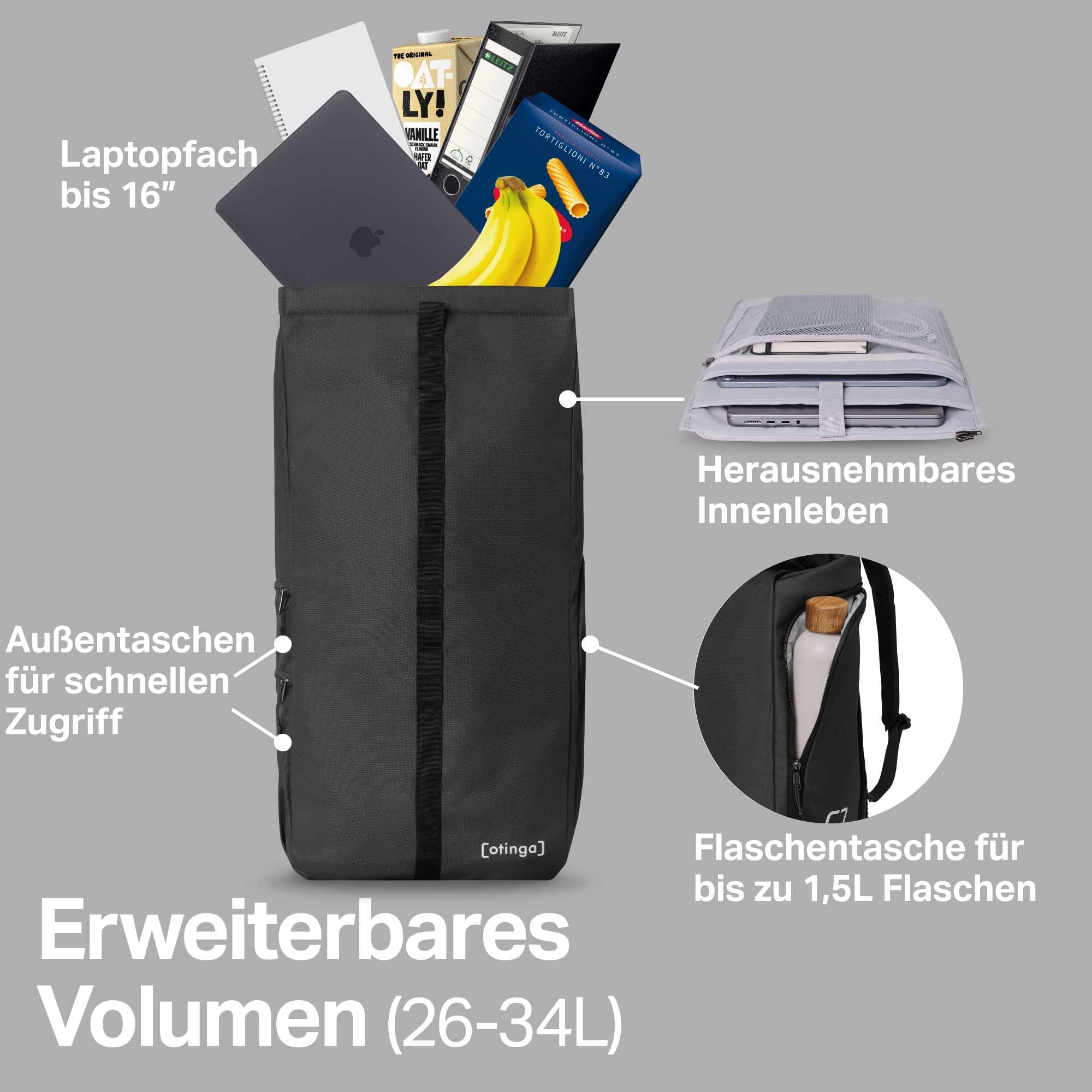 otinga® Flip V2 - Mochila para bicicleta (volumen de 34 L), para cualquier portaequipajes, elegante bolsa portaequipaje con mochila, convertida en 7 segundos, impermeable, Negro , Mochila de