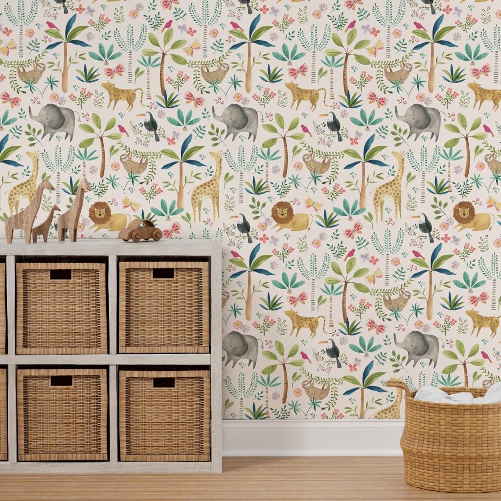 Peel & Stick Wallpaper 3ft x 2ft - Safari Party Light Jungle Watercolor Custom Removable Wallpaper by Spoonflower