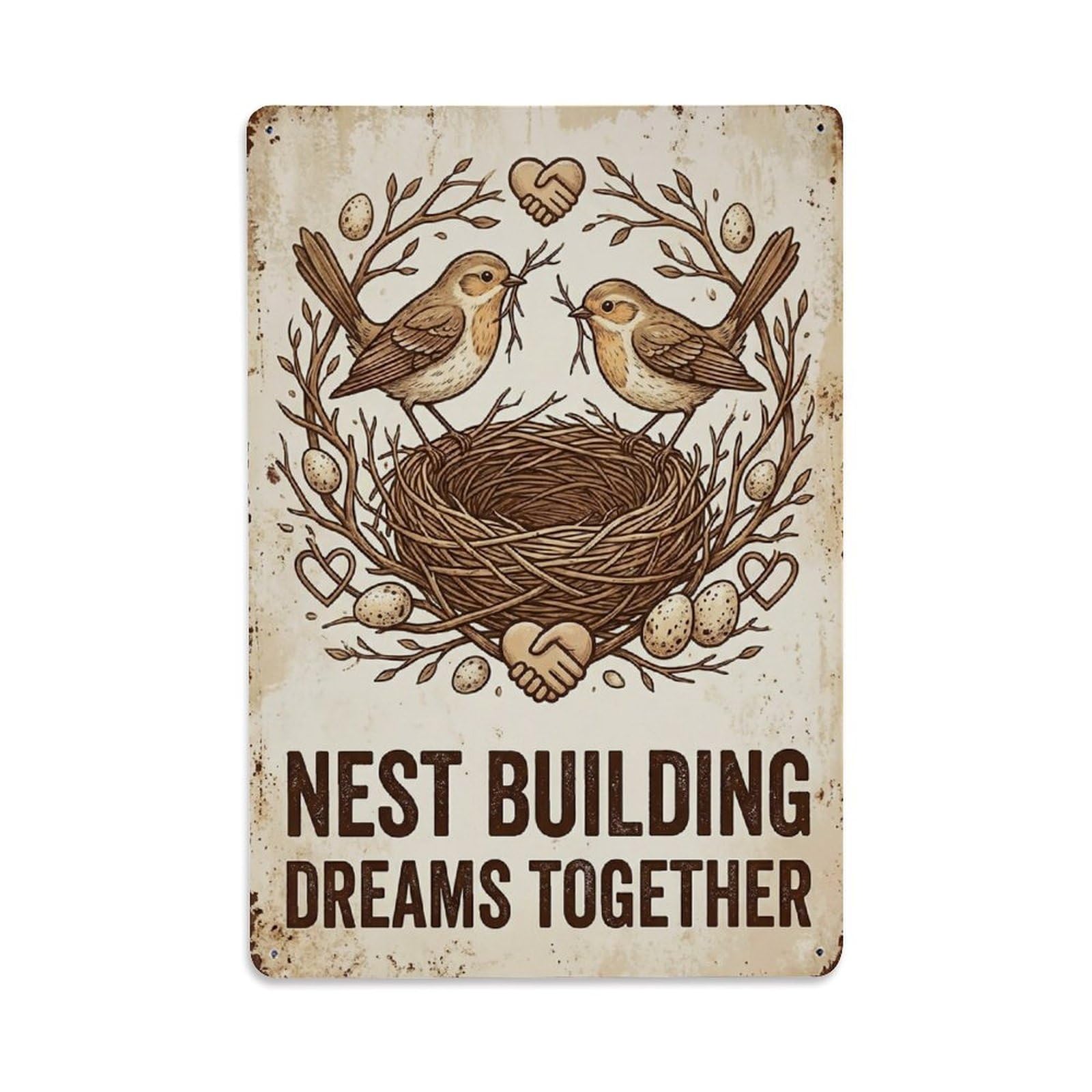 Whimsical Motivational Saying Nest Dreams Vintage Motto Metal Tin Sign Plaque Wall Decor for Cafe, Man Cave, Club Bar, Office, Home Garden Round Metal Poster 8x12Inch