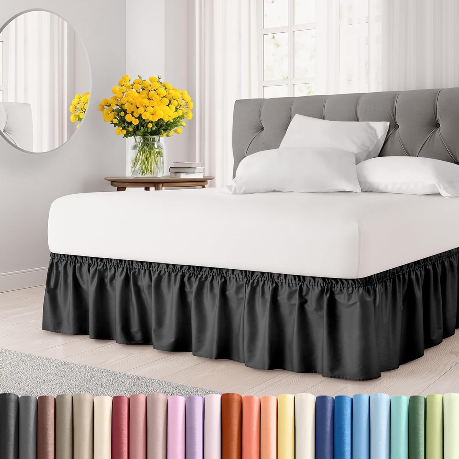 Bed Skirt – Wrap Around Dust Ruffle Bed Frame Cover with Easy Fit Elastic Strap, Queen Size 21 Inch Drop, Microfiber Pleated, Machine Washable | Black