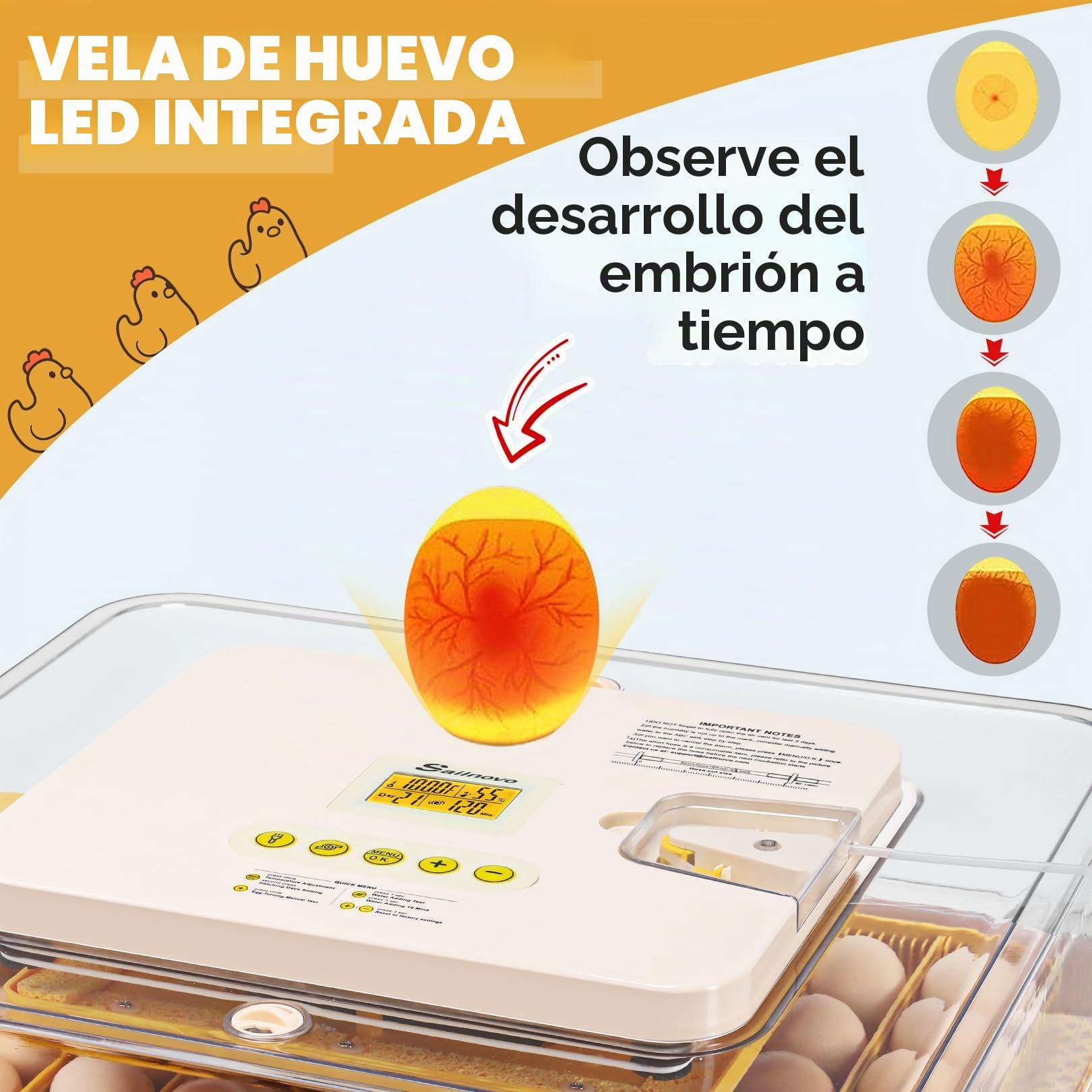 Sailnovo Incubadora de Huevos, Incubadora de 56 Huevos con Volteo Automático de Huevos, Control de Temperatura y Añadido Automático de Humedad, Incubadoras de Gallina, Codorniz, Pato, Amarillo