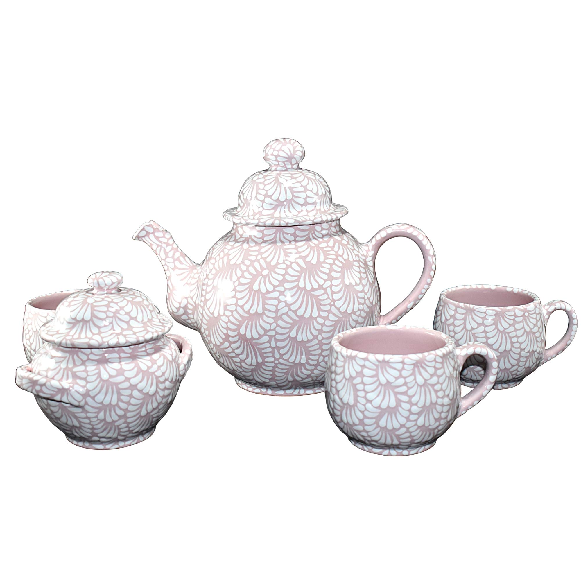 MAREYTalavera Ceramic Dinnerware | Base Plate, Interme, Bowl, Soup Mug, Coffee Cup & Plate, Chocolate Set, Chocolate Cups & Sugar Bowl | (Set of 8 Pieces, Pink)