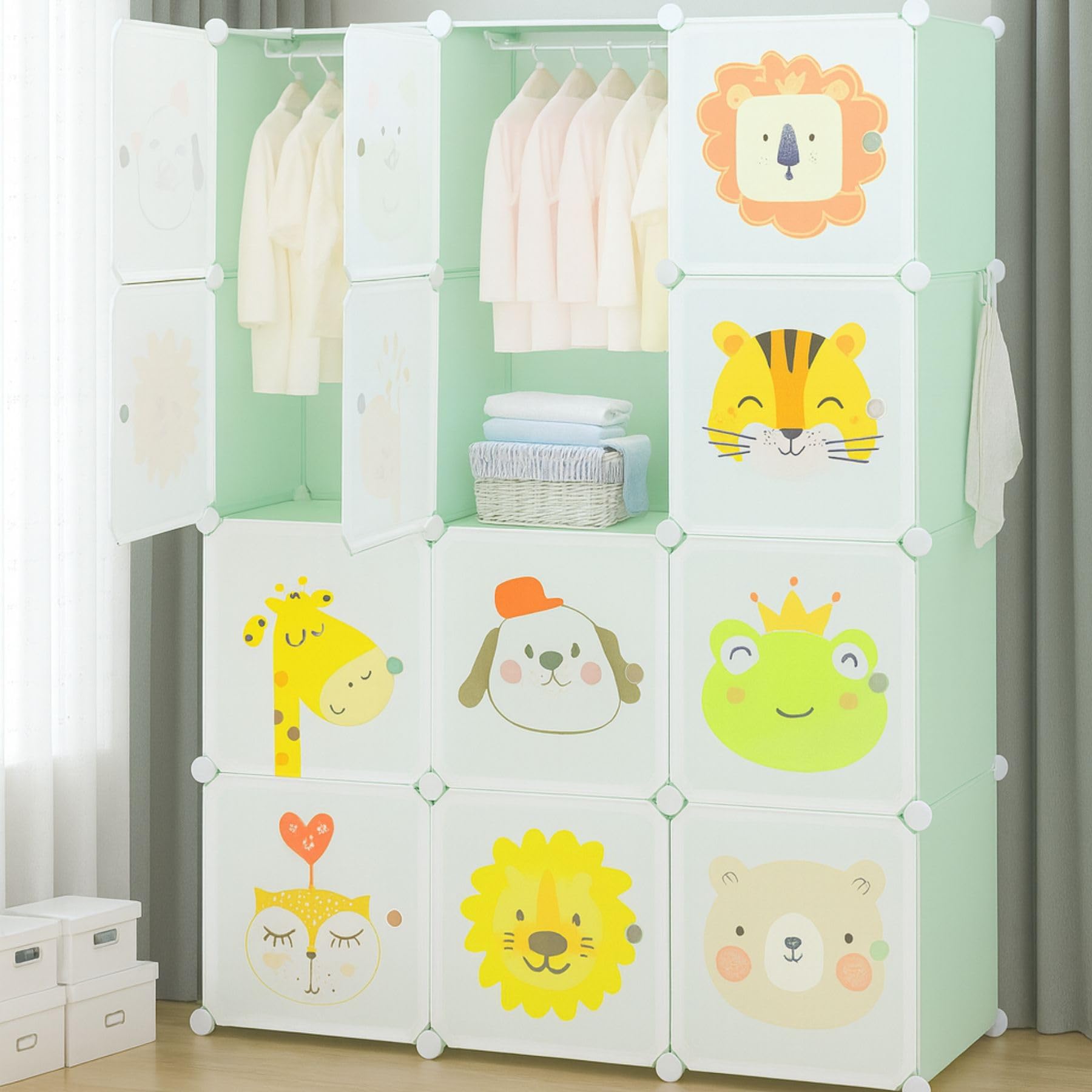 Little Olive Plastic Wardrobe with Height Chart | Animal Print Design for Kids Toys and Clothes | Green Matte Modular Storage Cabinet (110Cm X 36Cm X 145Cm)-image-47