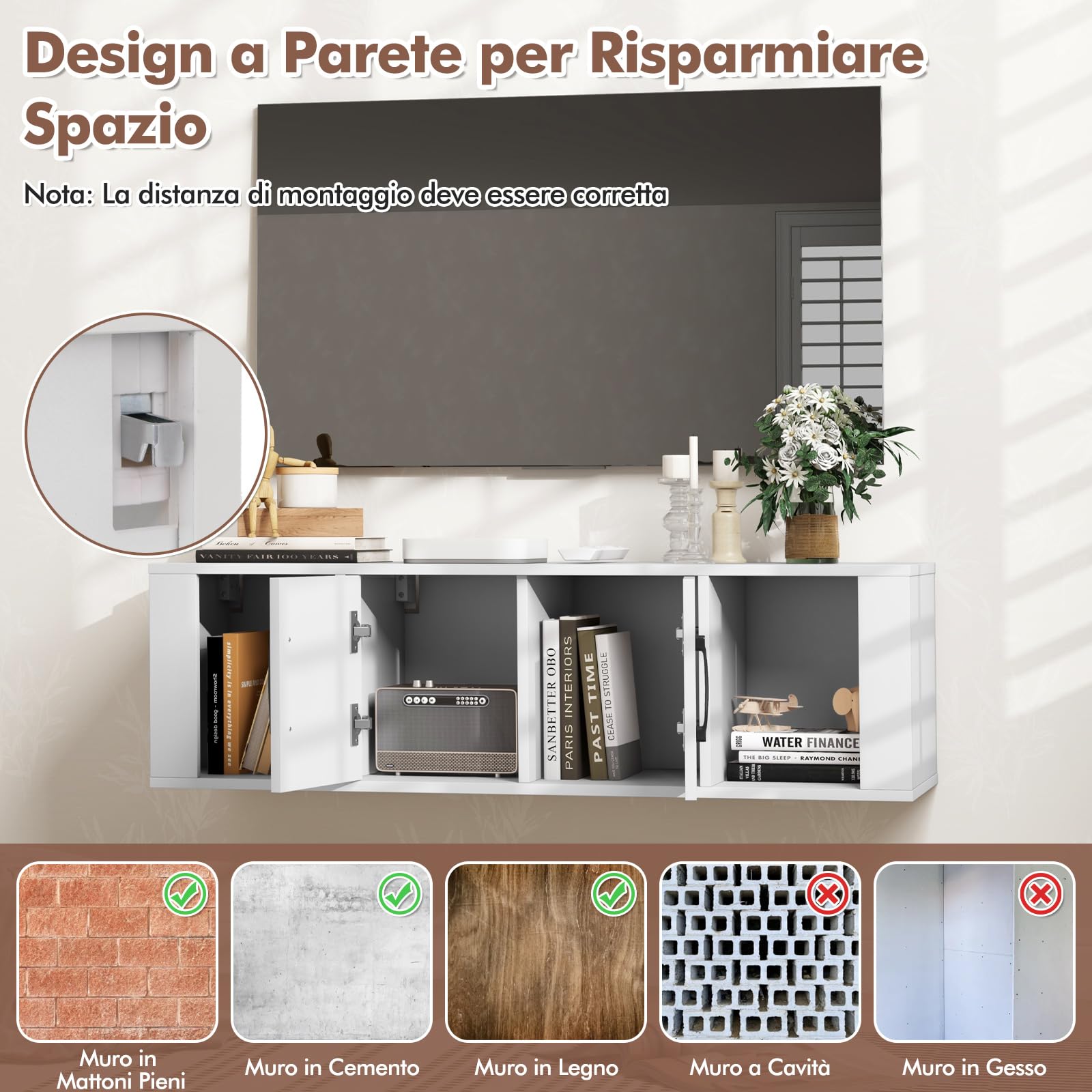 COSTWAY Libreria a Parete con 2 Cubi, Armadietto Sospeso a 2 Ante in Legno, Design Salvaspazio, Multiuso per Soggiorno, Studio, Cucina e Ufficio, 108 x 33 x 30,5 cm (Bianco)