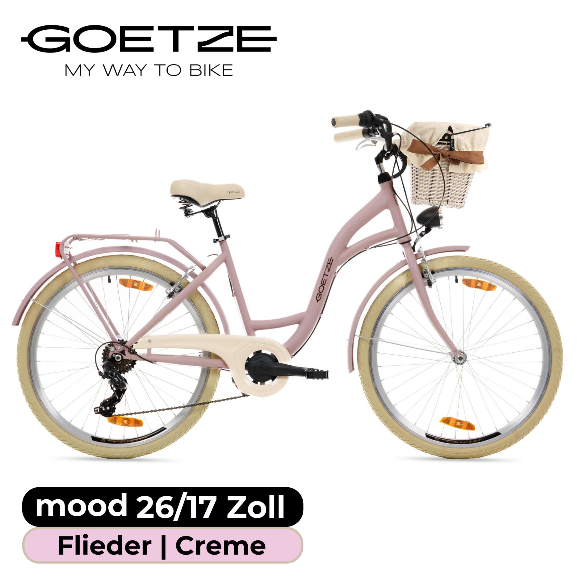 Goetze Mood 26 Zoll Jugendfahrrad, 17 Zoll Tiefeinsteiger Aluminiumrahmen, 6-Gang Kettenschaltung, doppelte V-Bremsen, LED-Beleuchtung, Rattankorb, Komfortsattel, mit Seitenständer & Klingel