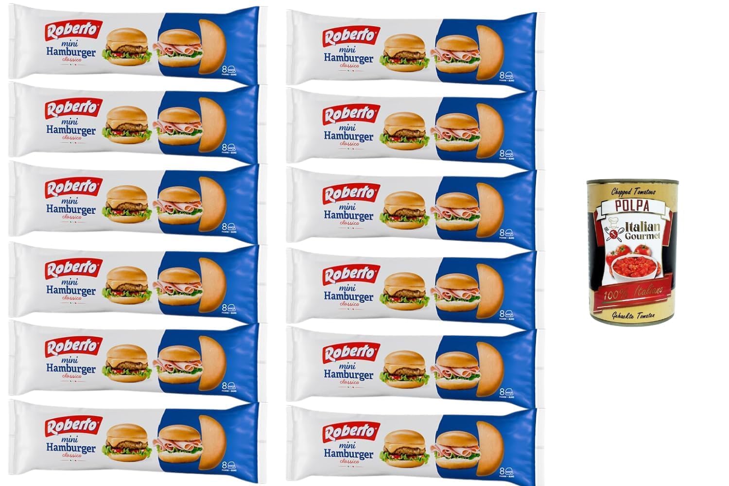 Italian Gourmet Roberto Mini Pains Hamburger Classico 12x 200g – Petits Pains Moelleux pour Mini Burgers & Sandwichs, Idéal Apéro, Anniversaire, Buffet, Snack, Familial + Italian Gourmet Polpa 400g
