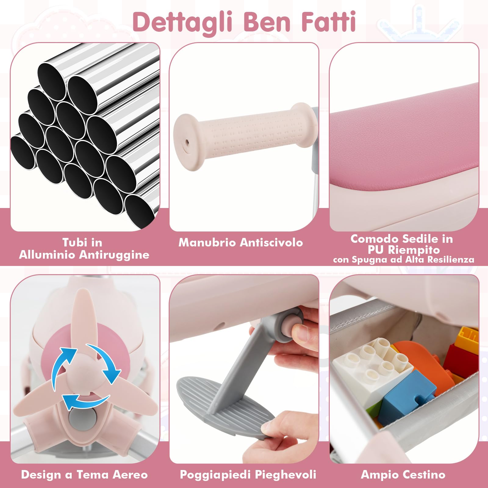 RELAX4LIFE Auto a Spinta per Bambini 2-in-1, Maniglie Regolabili, Ruote in PU con Luci LED, Poggiapiedi Pieghevoli, Carico 50kg, per Bambini 18-60 Mesi (ROSA)