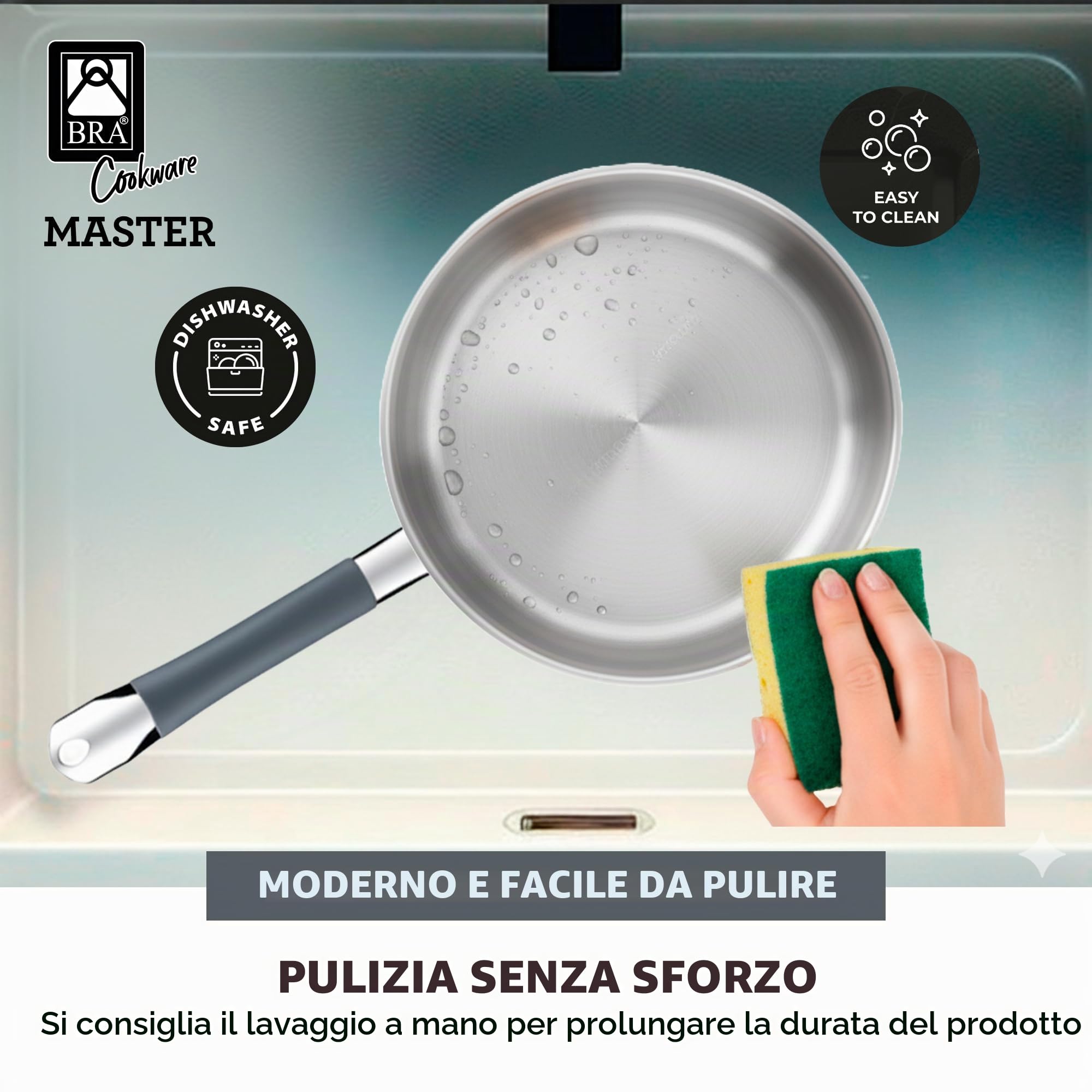 BRA Master | Set di padelle in acciaio inossidabile 20-24-28 cm, senza rivestimento antiaderente, senza PFOA, Full Induction, adatte a tutti i piani cottura, con manico rivestito in silicone