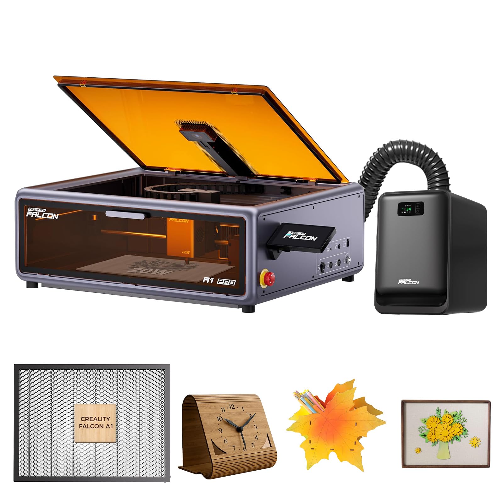 Creality Falcon A1 Pro 20W Laser Graviermaschine Komplettset mit Honeycomb Wabenplatte & AP1 Rauchreiniger, Kamera, Autofokus, Touchscreen, Geschlossener Laser Cutter, 600 mm/s, 358 × 268 mm