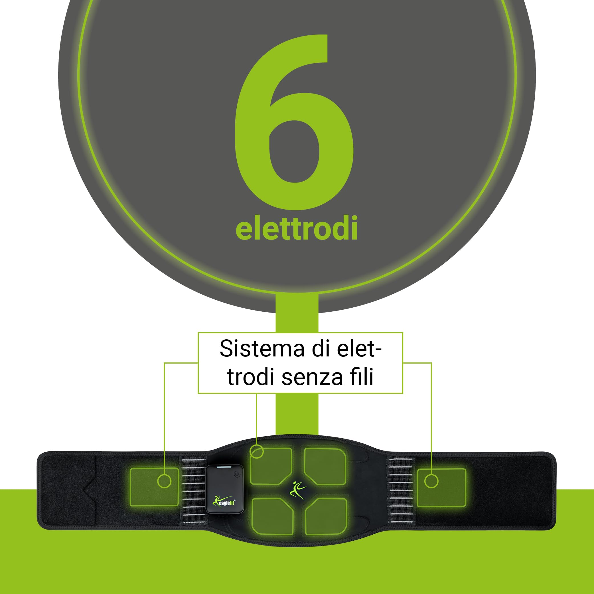 eaglefit Premium EMS-Belt 2.0 Cintura Addominale con 6 Elettrodi – Stimolazione e Sviluppo Muscolare per Addome e Schiena – Allenamento Fitness, Tonificazione, Combustione Grassi, con App Powerbox