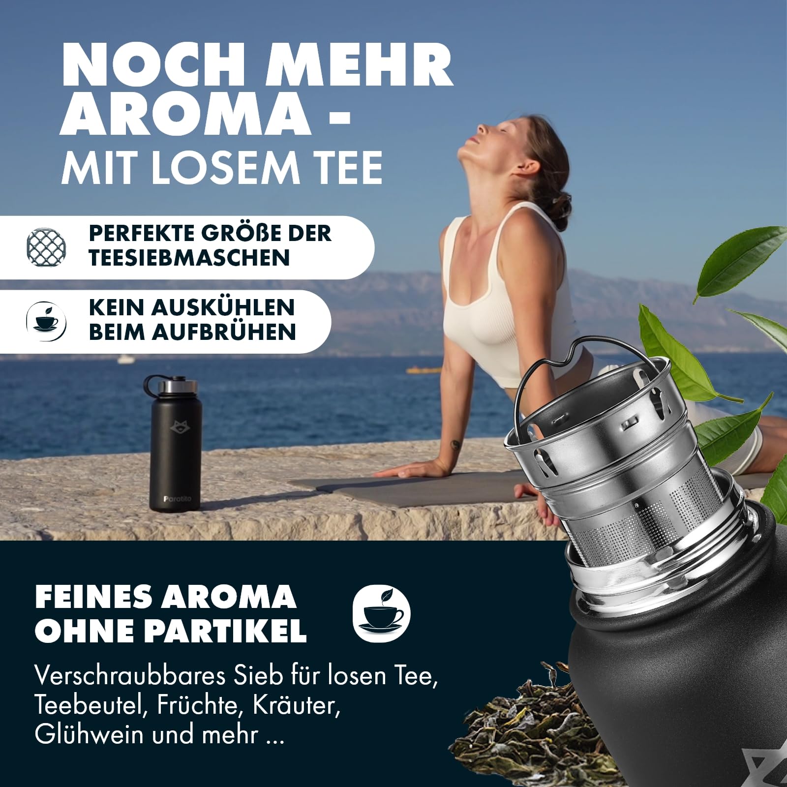 Teeflasche mit Sieb 1L – Auslaufsichere, spülmaschinenfeste Edelstahl Trinkflasche 1l (Isolierflasche) mit Teesieb für losen Tee to Go; Thermosflasche 1l für Kaffee, Camping -Schwarz