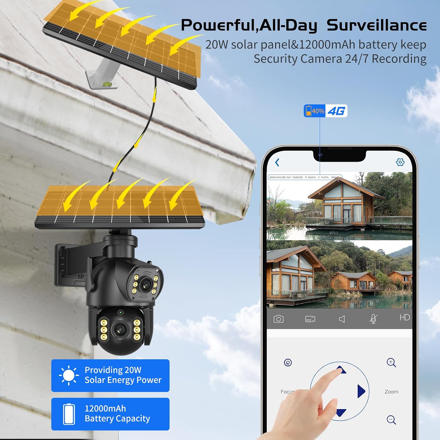 N_EYE security camera mounted on a wall with solar panels angled towards the sun