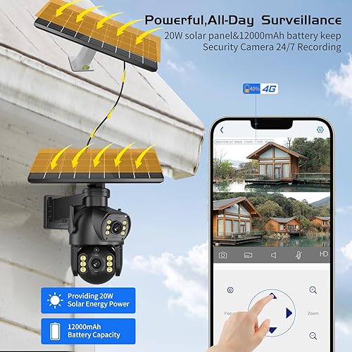 Miniatura 2 de Neye - Cámara de seguridad solar 4G LTE 4K con doble lente de visión nocturna a color, cabezal giratorio y dos paneles solares, batería de 12000