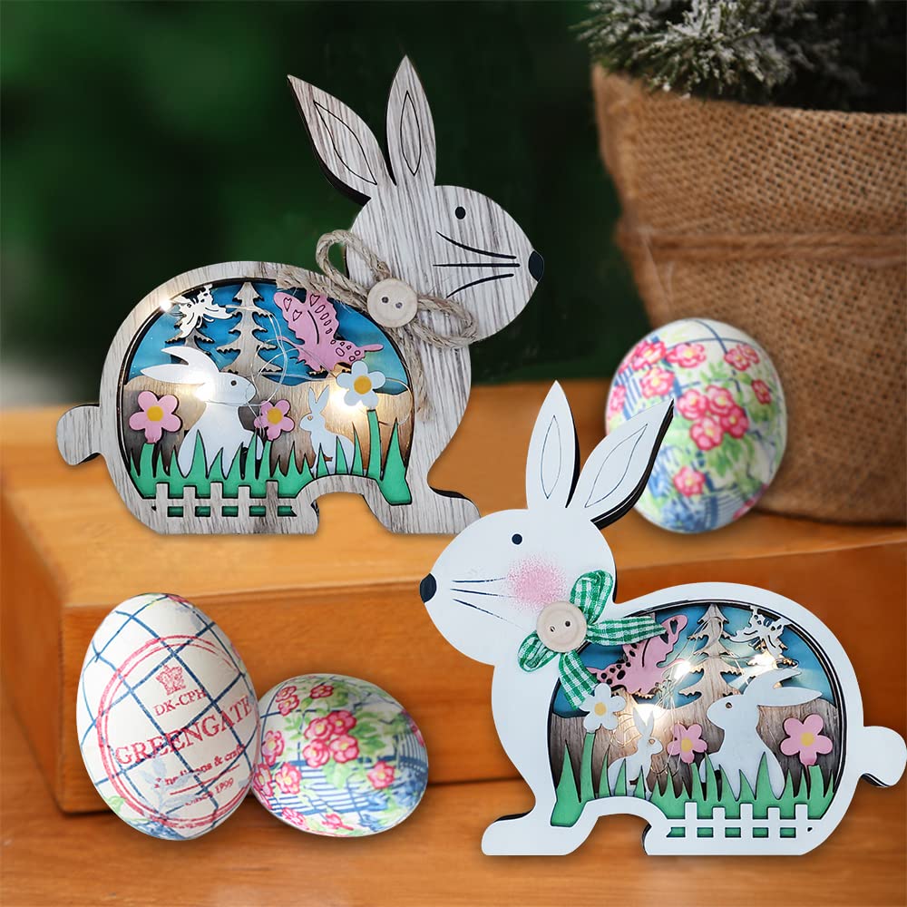 Lapin de Pâques en Bois avec lumière, décorations de Table de Pâques, Ornement de lumière de Nuit de Lapin, Décoration de Lapin de Pâques en Bois pour Chambre, Salon, Jardin